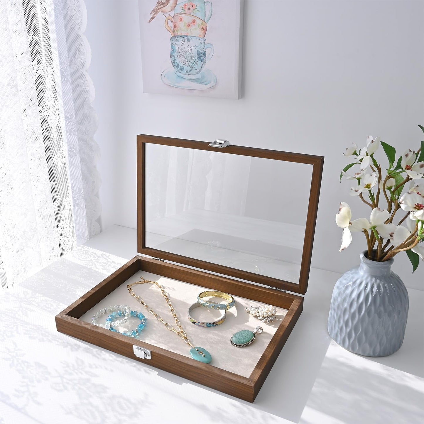 MOOCA Jewelry Display Case, Display Case Accessories Storage Box with Tempered Glass Hinge Lid, Jewelry Tray for Collectibles, Walnut Color, 14.1W x 10.2D x 2.1H in
