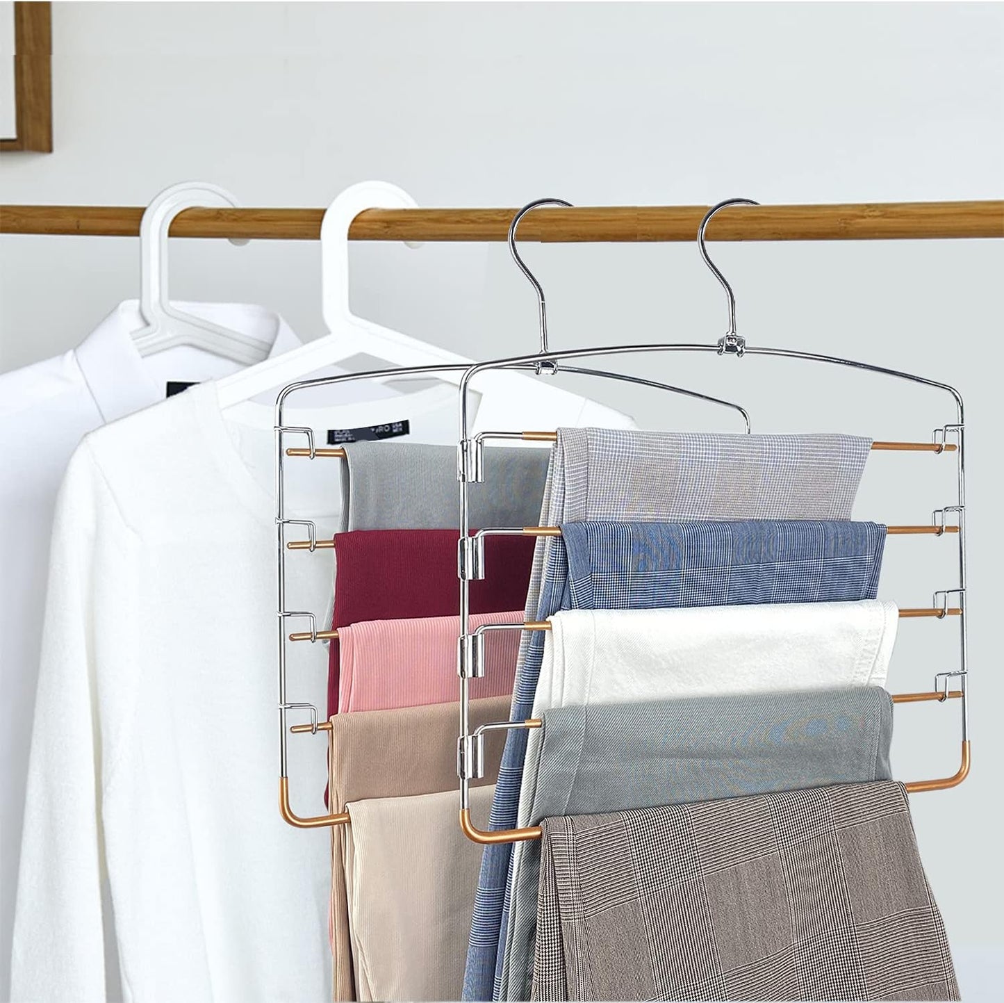 FeeraHozer Pants Hangers Non Slip 3 Pack Space Saving Hangers Multi-Layer Swing Arm Stainless Steel Space Saver Rack for Jeans Scarf Trouser Clothes (Gold)