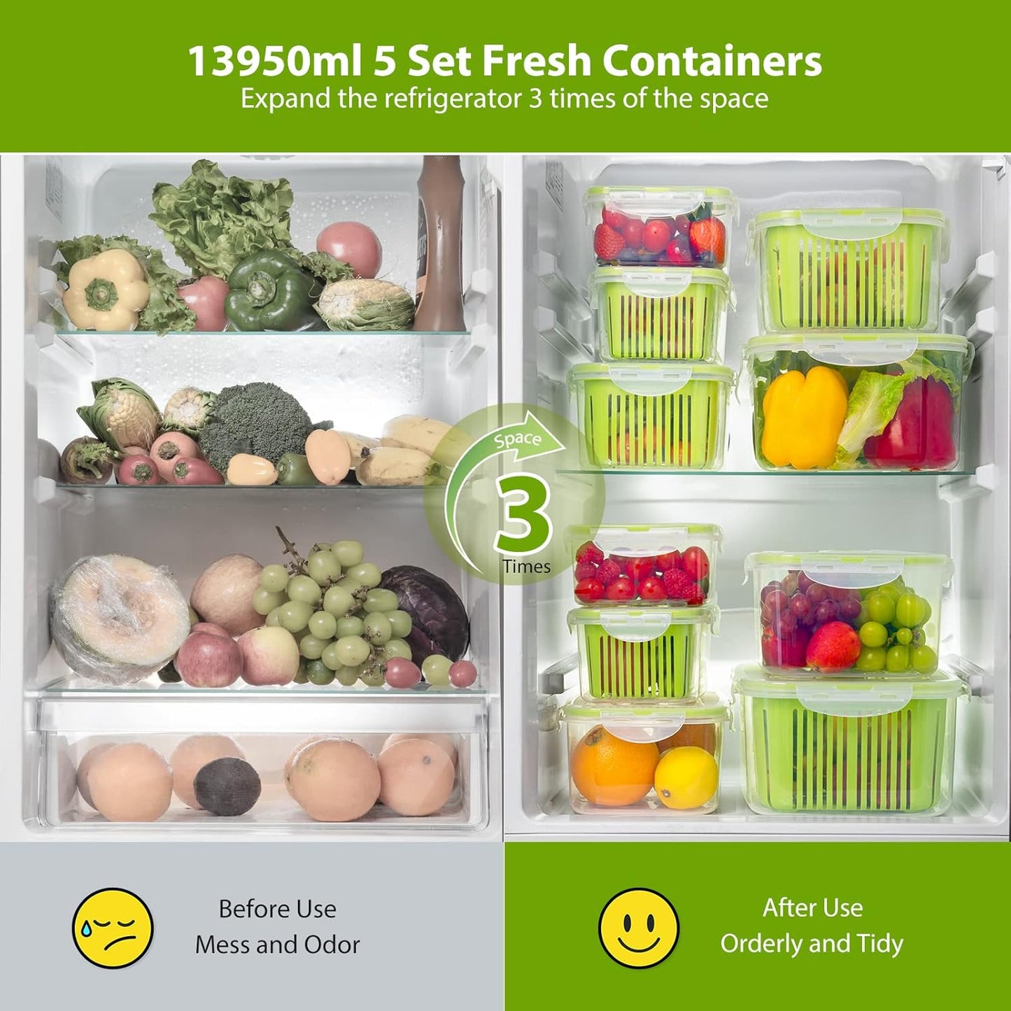 LUXEAR Fruit Vegetable Produce Storage Saver Containers with Lid & Colander 5 Packs BPA-Free Plastic Fresh Keeper Set | Refrigerator Fridge Organizer | for Salad Berry Lettuce Food Celery - Green