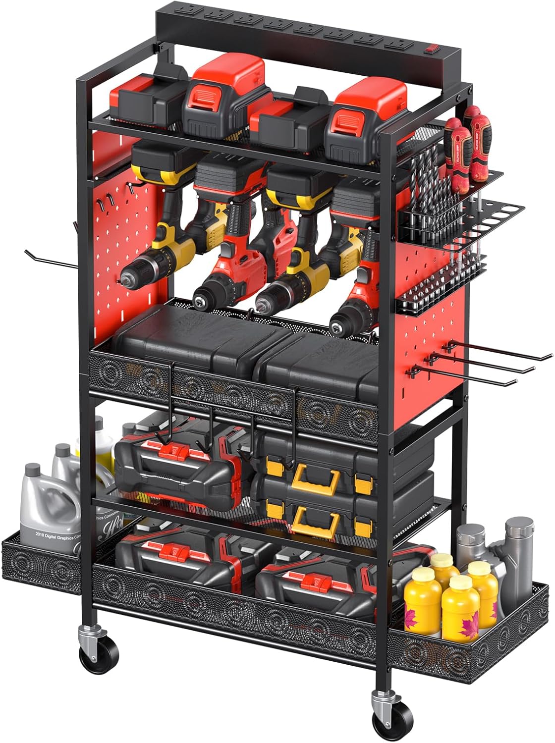 CCCEI Garage Power Tools Organizer Cart with Charging Station, Black Floor Standing Rolling Drill and Tools Battery Storage Cart on Wheels. Red Utility Rack Gift for Men, Husband, Father.