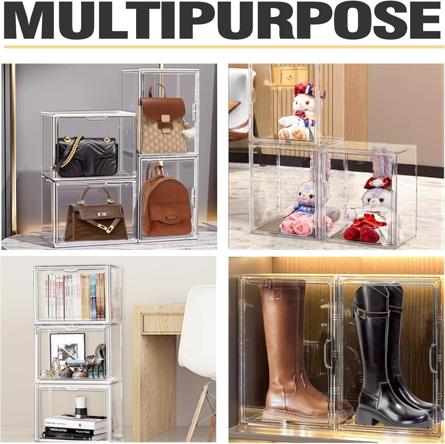 Tall Boot Storage Box 5 Pack, XX-Large Acrylic Shoe Box Sneaker Display Case 11.4'' x 9.8'' x 15.3'' Protection Organizer for Collectibles Clear Plastic Stackable Handbag Organizer with Magnetic Lids