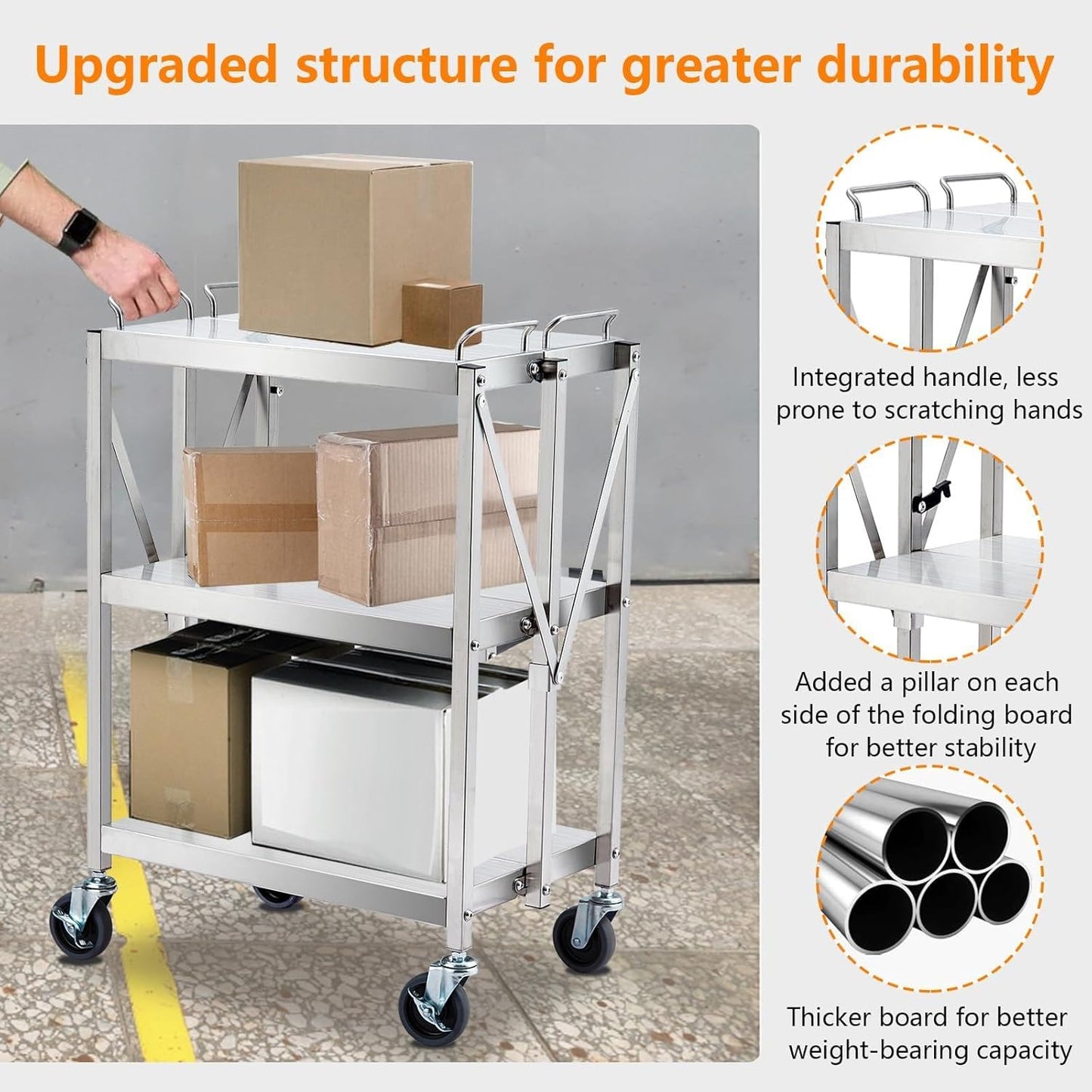 3 Tiers Folding Stainless Steel Utility Service Cart with Wheels-Heavy Duty 300LBS Outdoor Stainless Grill Cart,Kitchen Utility Carts and Service Trolley Carts