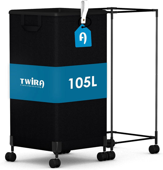 Laundry Basket with Wheels 105L, Large Rolling Laundry Hamper with Removable Bag, Metal Frame Collapsible Dirty Clothes Bin, Cloth Organizer Hampers Pull Handle for Bathroom, Dorm, Bedroom Black