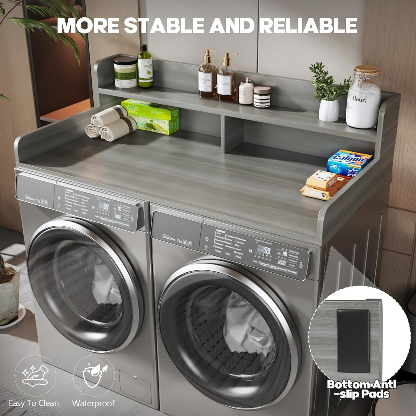 2-Tier Washer And Dryer Countertop With 2.75"H Guard,54"W x 27.5"D Laundry Countertop Cover With Non-Slip Pad,Large Space Laundry Topper For Folding Clothes Over Washer And Dryer-Stripe Gray
