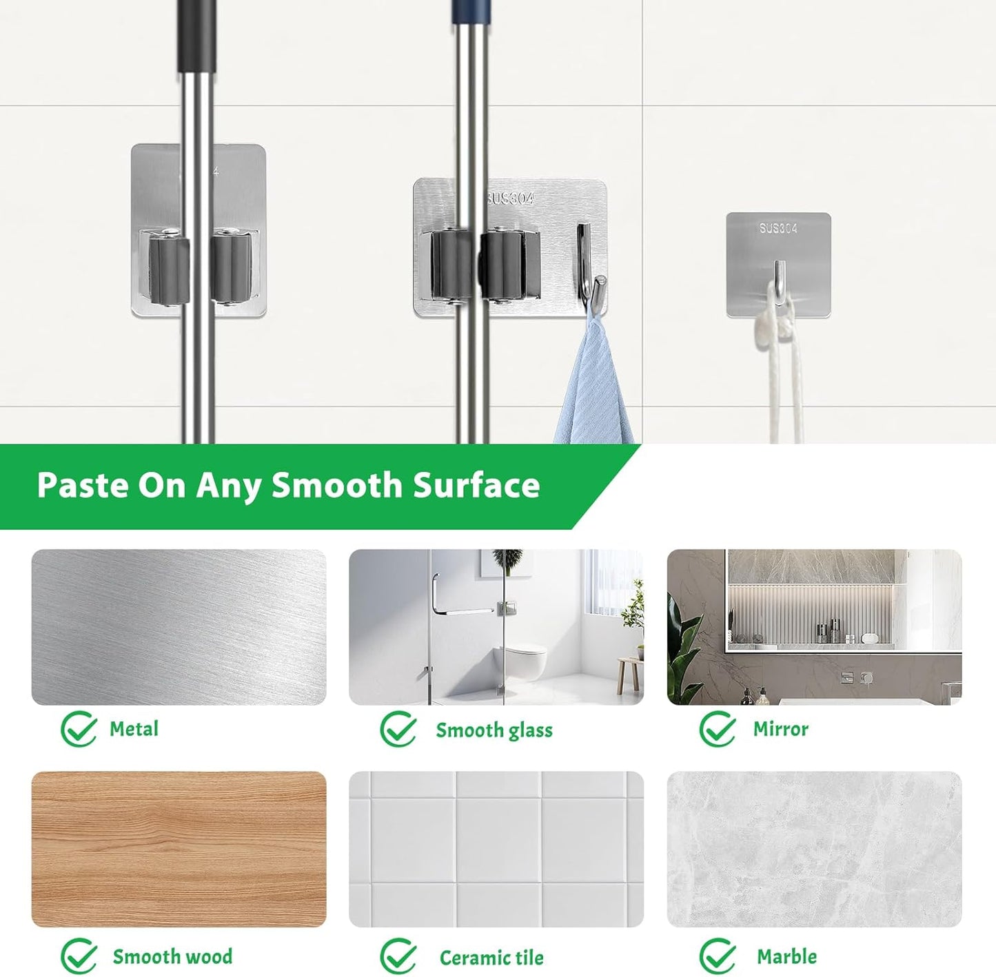 Daily Treasures 6 Pcs Stainless Steel Broom Holder Wall Mount Self Adhesive (with Hook), Adjustable Size Broom and mop Holder, Flexible Freestanding Broom Sticky Back Hooks, Hook Broom Hanger