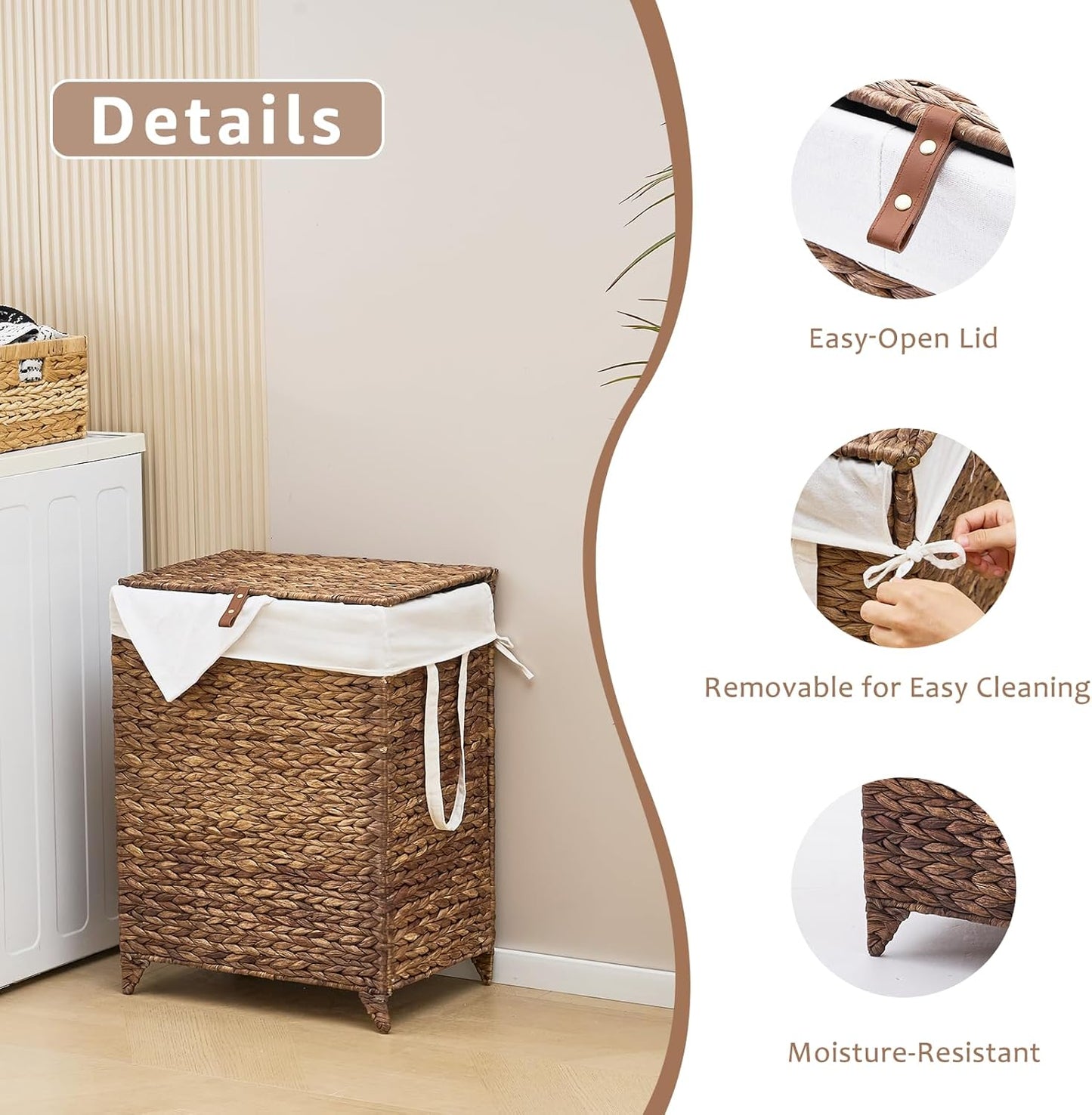Laundry Hamper with Lid and Removable Liner Bag, Handwoven Natural Hyacinth Clothes Hamper with Heightened Feet, Wicker Laundry Basket for Clothes and Towels，Middle