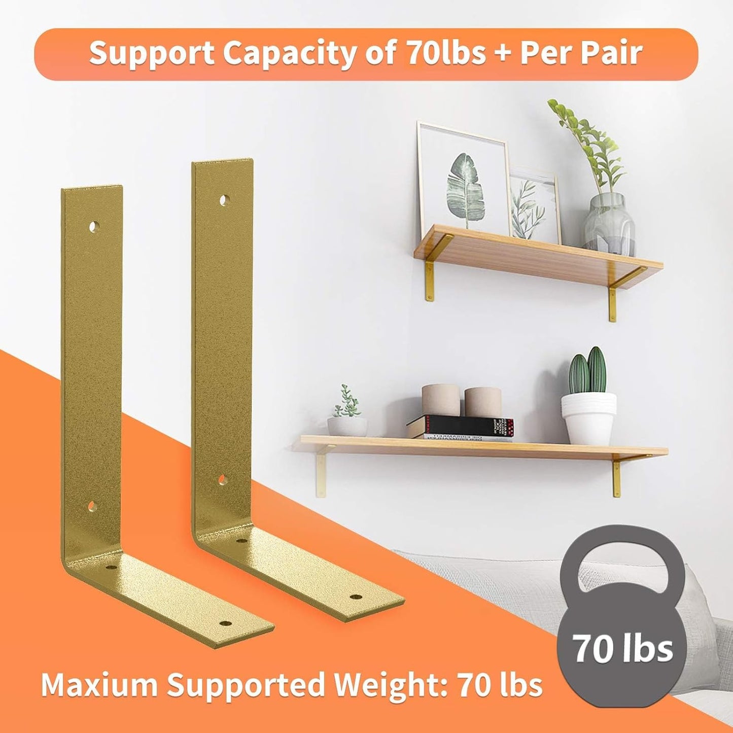 Gold Heavy Duty Shelf Brackets 4 Inch, Rustic Gold Iron L Shelf Bracket, Industrial Modern Metal Floating Shelf with Hardware for DIY Open Shelving, 4 Pack