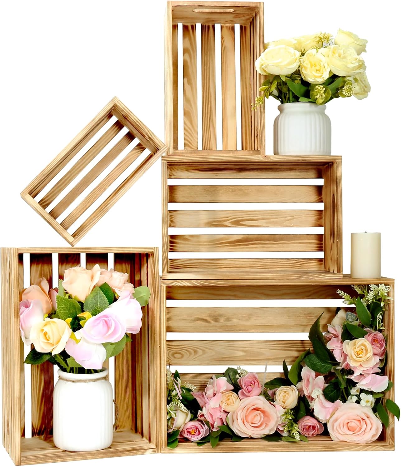 5 Pcs Decorative Wood Crates for Display, 5 Size Large Farmhouse Wooden Basket for Storage Container and Decorations, Rustic Nesting Crates Decor Boxes with Handle
