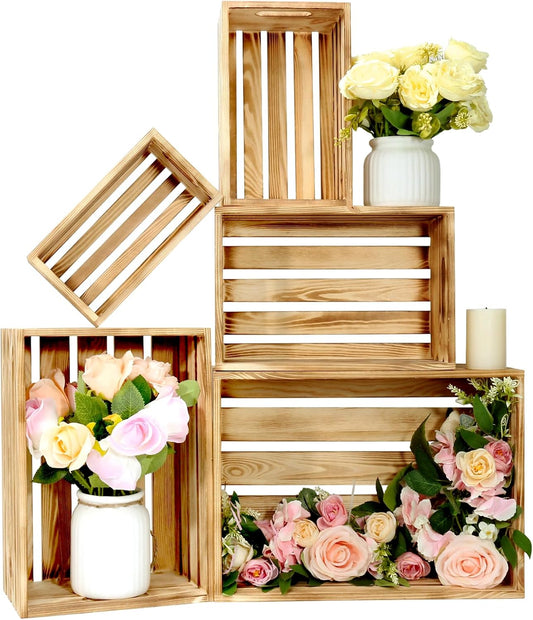 5 Pcs Decorative Wood Crates for Display, 5 Size Large Farmhouse Wooden Basket for Storage Container and Decorations, Rustic Nesting Crates Decor Boxes with Handle