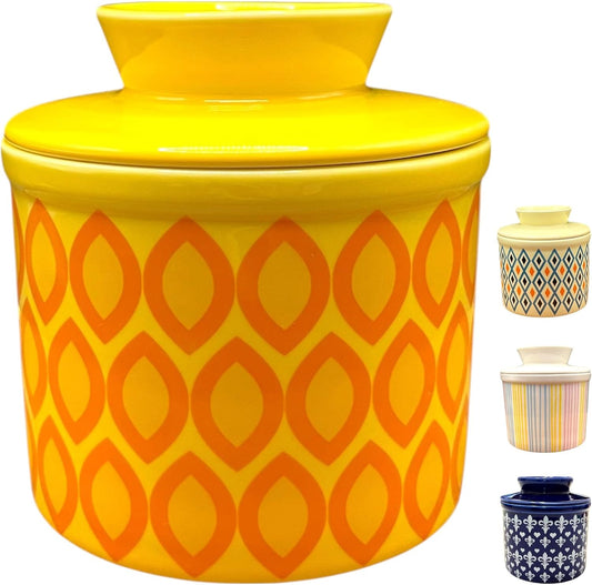 Butter Crock with Lid for Countertop, Butter Keeper Crock with Water, French Butter Dish Ceramic, Butter Holder with Lid for Spreadable Butter, Butter Container for Counter (Yellow Ovals)