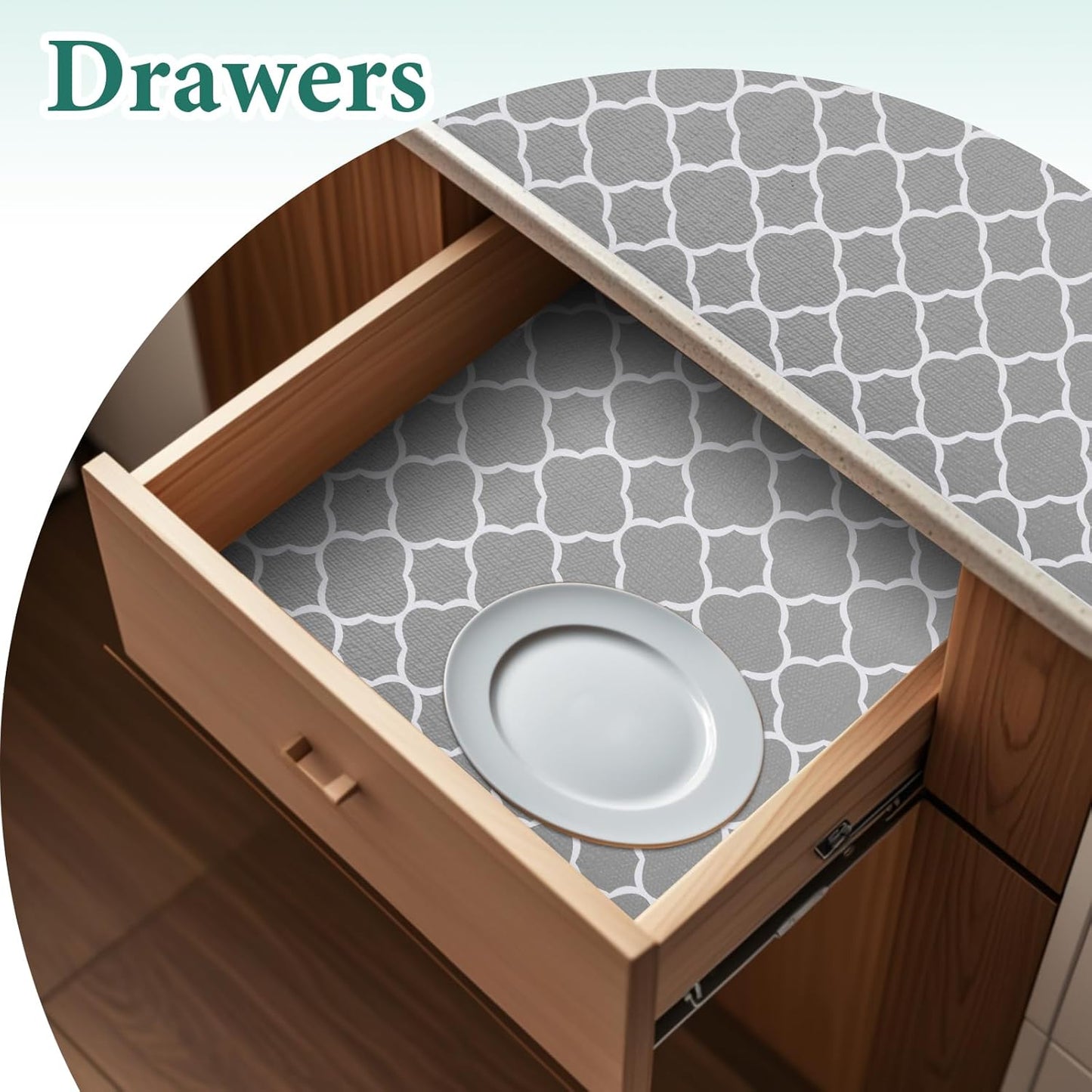 Shelf Liners for Kitchen Cabinets 17.3in x 20FT Non Adhesive Drawer Liner Gray Quatrefoil Thickened Shelf Liner Strong Non-Slip Easy to Clean for Tool Box Refrigerator with Knife and Tape Measure