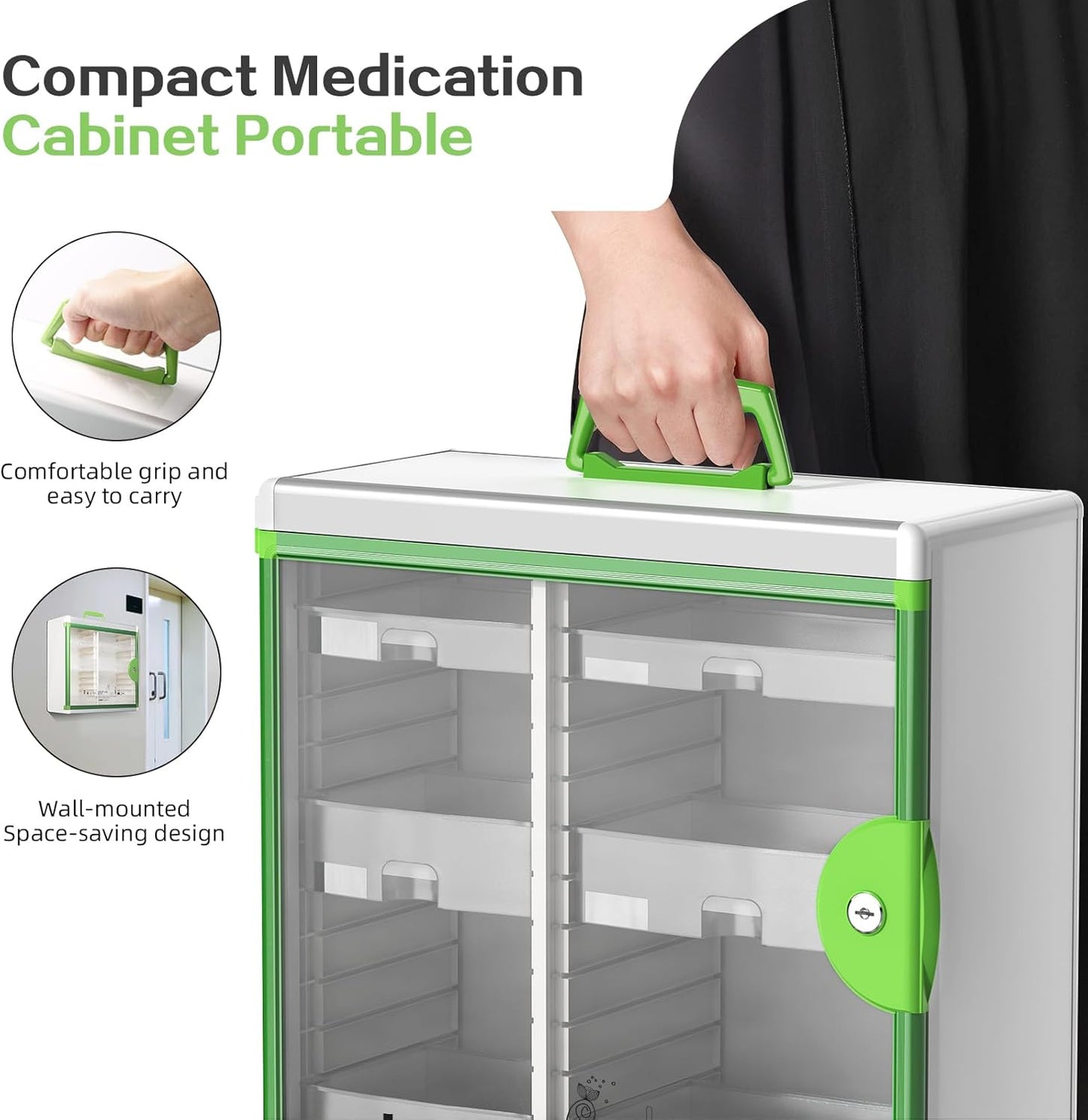 Glosen Medicine Cabinet with Key Wall Mounted Medication Lock Box 【 Green 15x 6.7 x 13 Inch】 Portable Storage Container Big Capacity