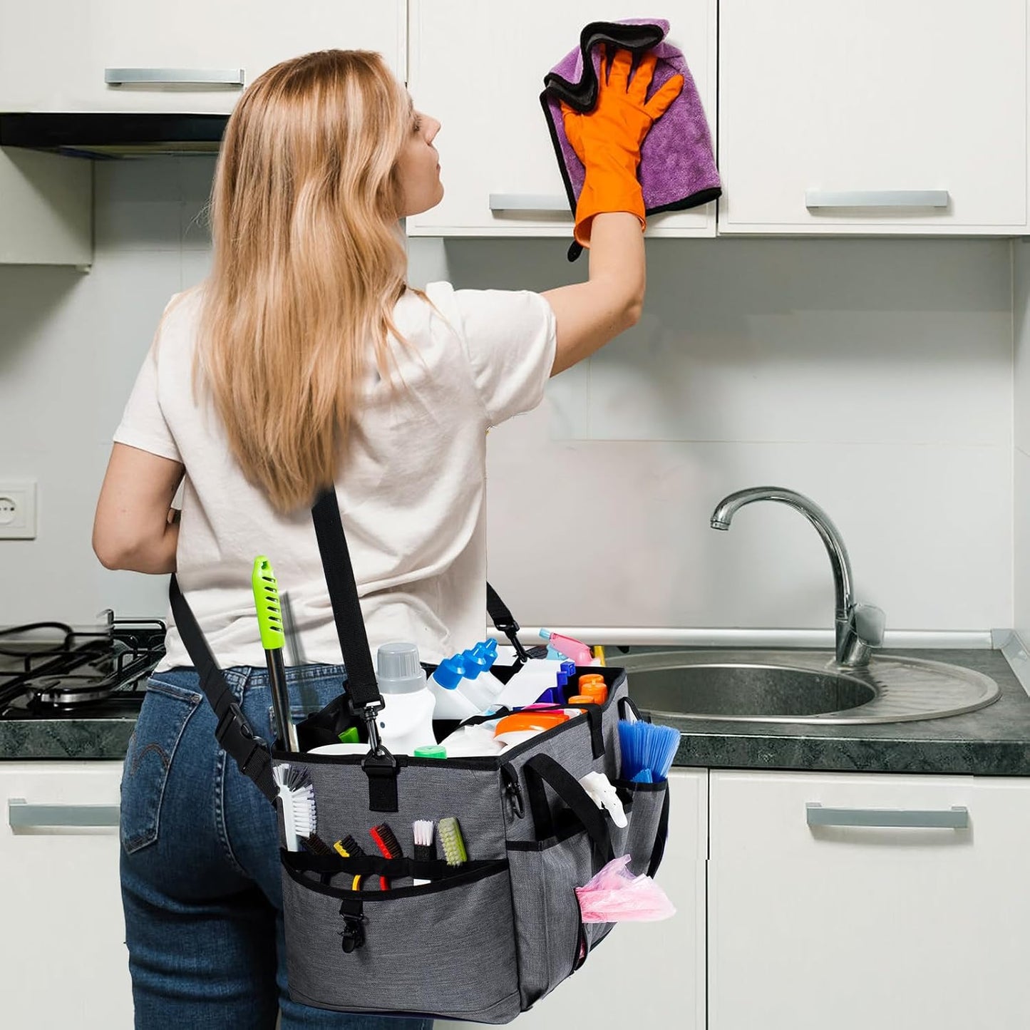XL Professional Cleaning Caddy for Cleaning Suppliers, 17" Wearable Cleaing Bag for Housekeepers, Cleaning Organizer, Detailing Bag