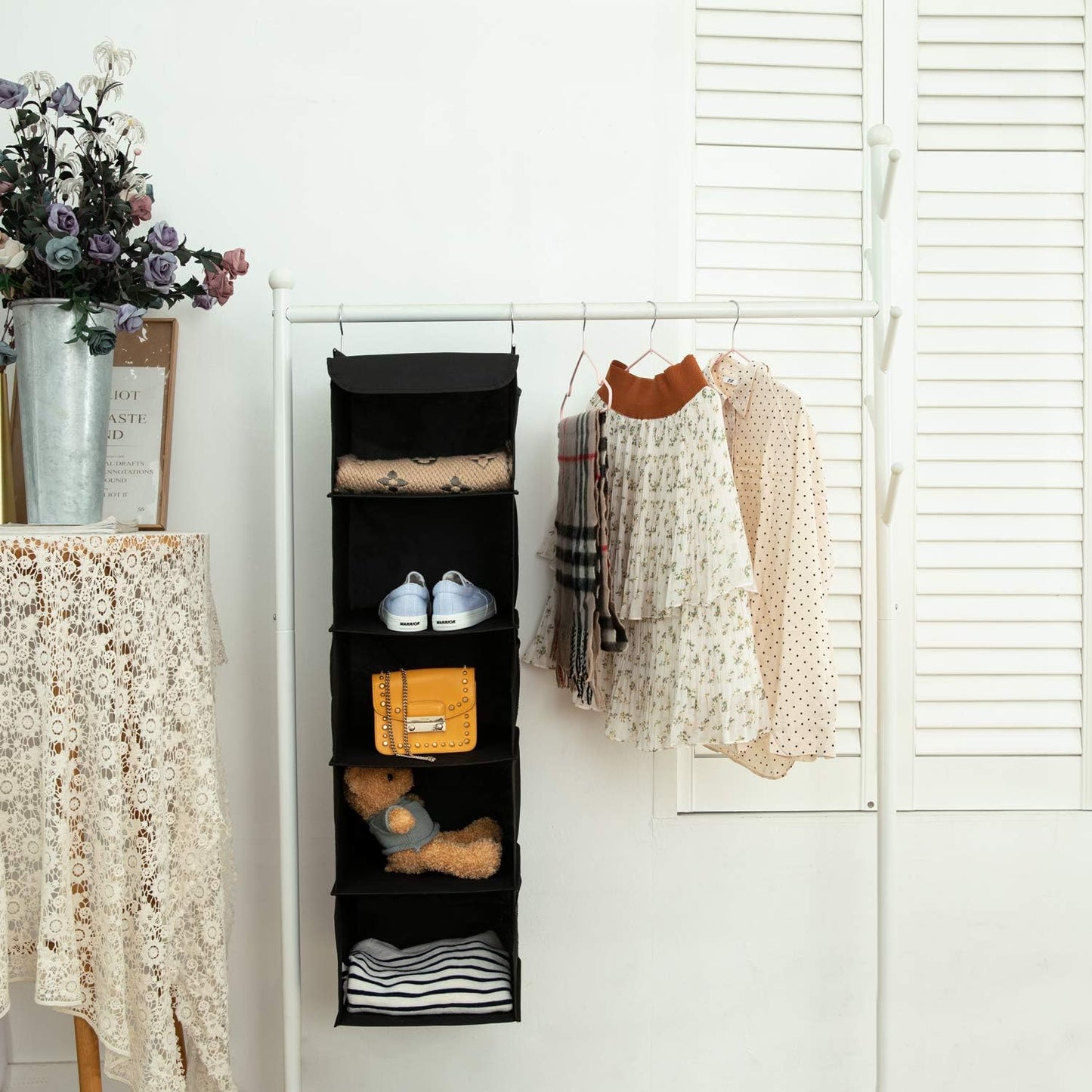 2 Pack Hanging Closet Organizer, 5 Shelves Hanging Storage with 6 Side Pockets for Clothes Shoes, 43"x12"x12"(Black)