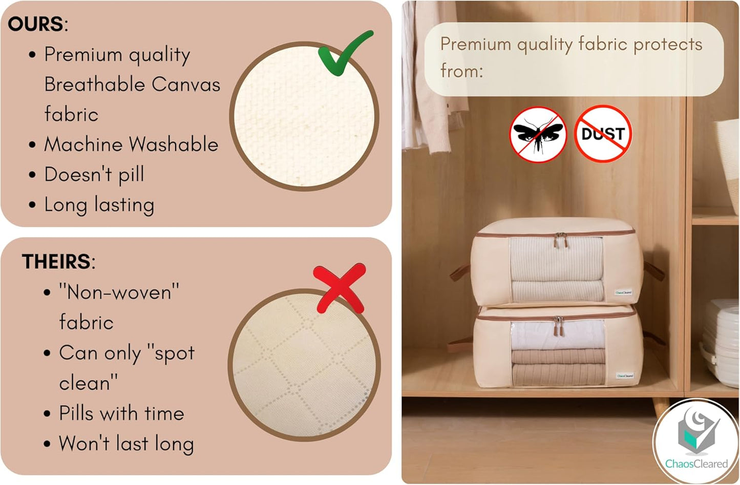 Canvas Clothing Storage 2 Bags Clothes Organizer folding fabric bags for sweaters, clothing, garment, bedding, quilt, linens, large folding organizers with zip & window, mothproof underbed space saver