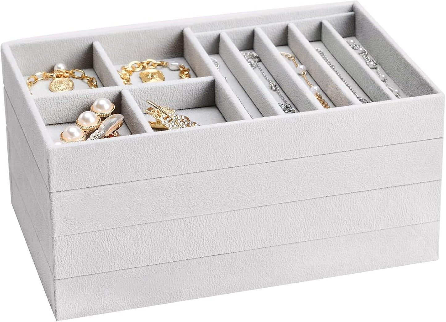 ProCase Stackable Jewelry Organizer Trays for Drawers, Jewelry Drawer Inserts Container Display Case Storage for Earring Necklace Rings Bracelet with Removable Dividers -Grey, 4 Layers