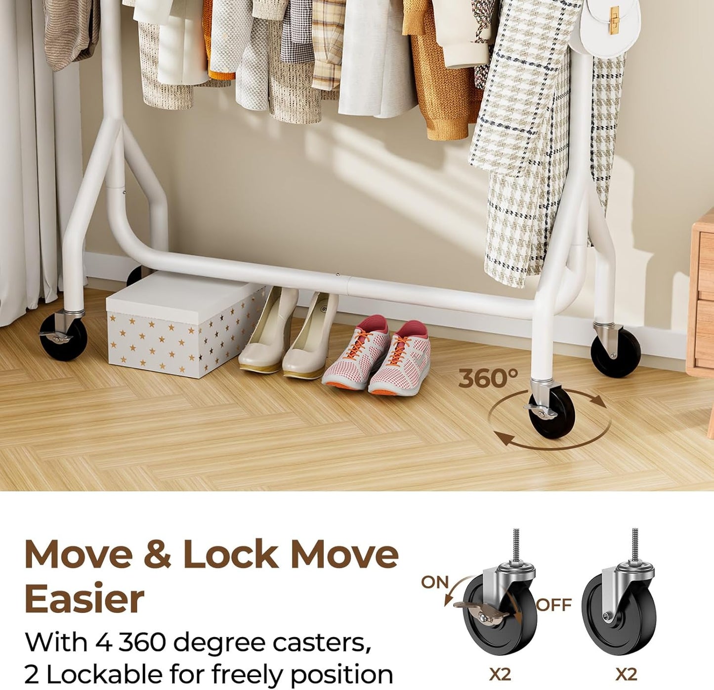 Clothes Clothing Rack, Rolling Heavy Duty Clothes Rack Load 420 LBS With Wheels, Metal Clothes Rack for Hanging Clothes, Portable Standing Clothes Garment Rack, White,48 inches