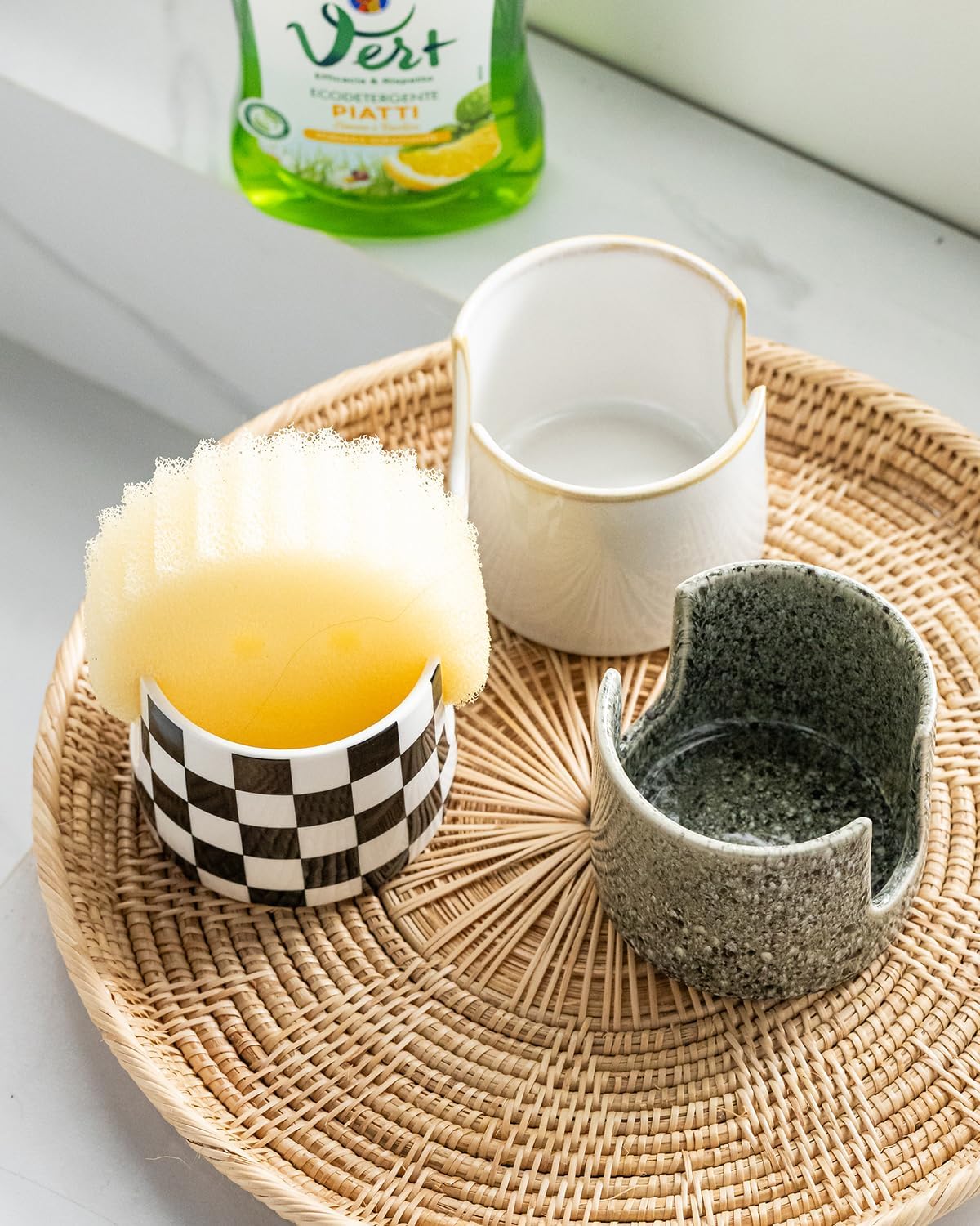Kitchen Sponge Holder, Ceramic Dish Sponge Holder Scrubby Daddy Farmhouse Dish Rack Brush Holder for Bathroom, Kitchen, Sink, Special Gray