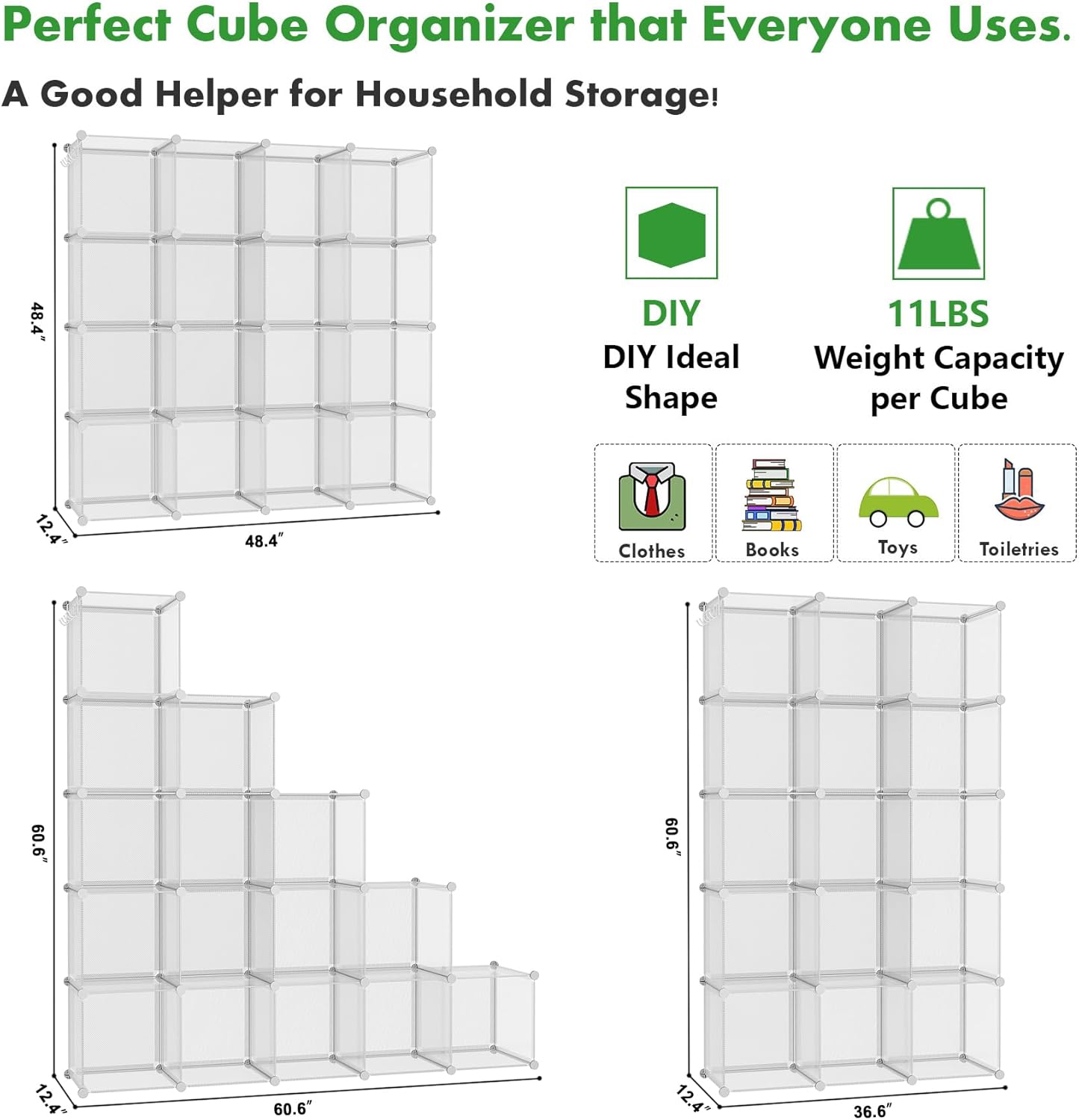 C&AHOME Cube Storage Organizer, 16-Cube Shelves Units, Plastic Storage Cubes, DIY Closet Organizer, Modular Closet Storage Shelf Ideal for Home, 48.4" L × 12.4" W × 48.4" H Transparent Twill UPCS16T
