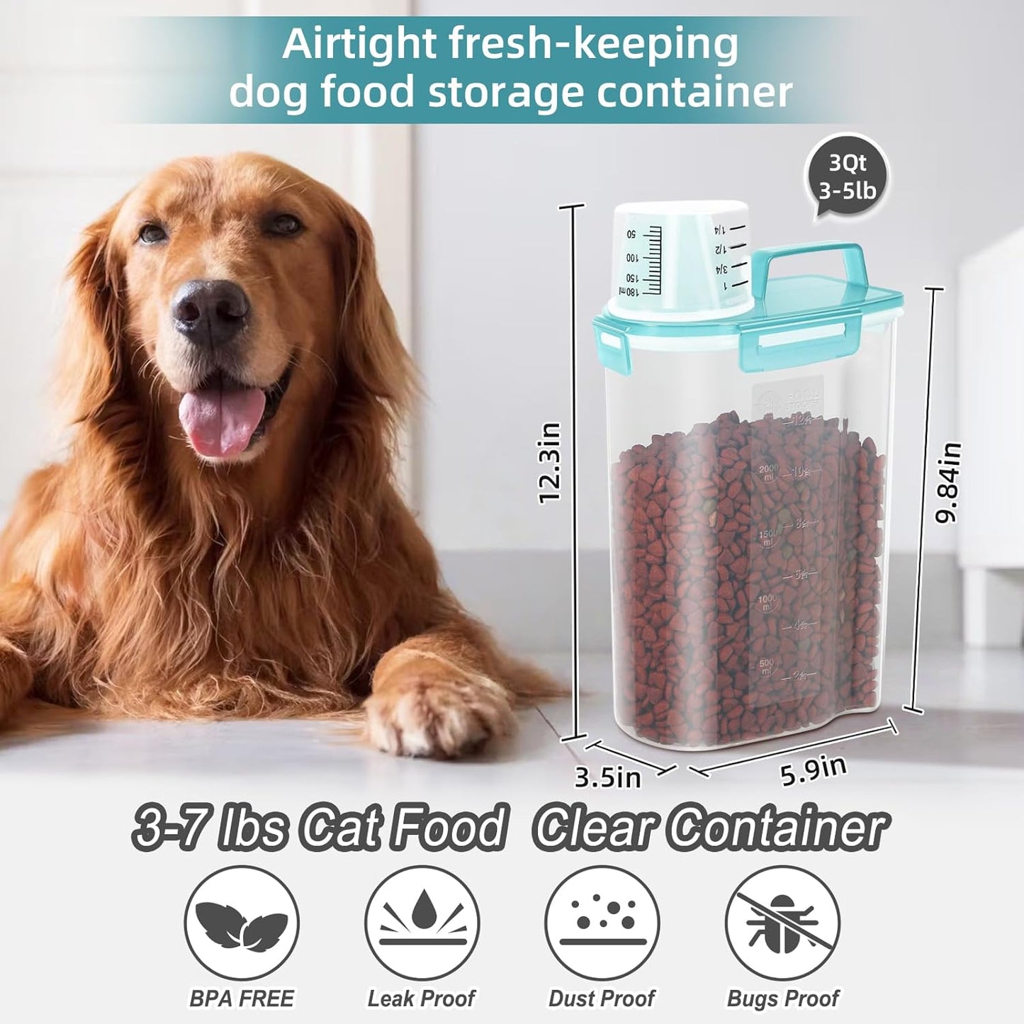 3-5Lbs Airtight Small Cat Dog Pet Food Storage Containers BPA Free, with Large Pour Spout/1 Measuring Cup/ 4 Safety Locks and Double-layer Silicone Strip (Clear Blue 2Pack)
