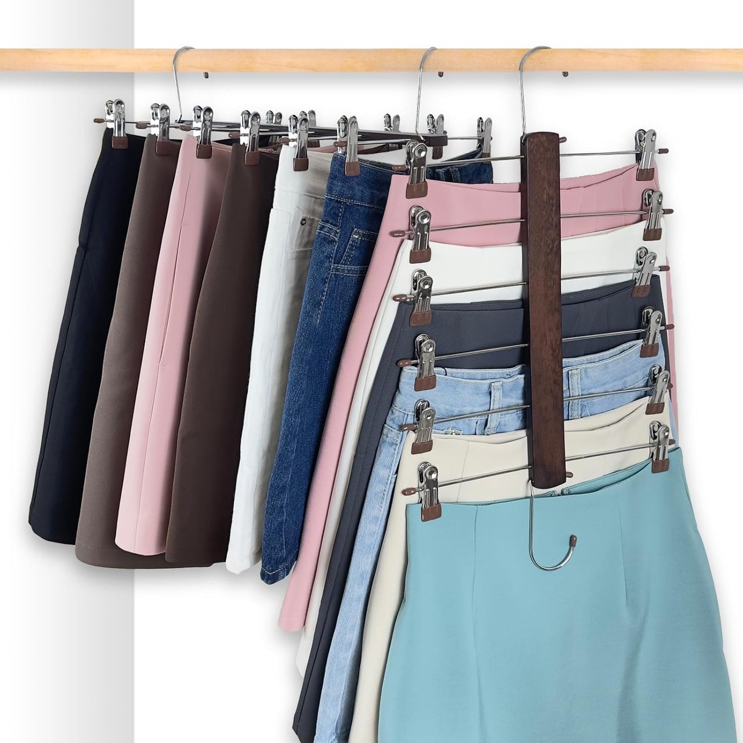 Skirt Hangers Space Saving,6 Tier Closet Organizers & Storage,Wooden Magic Hanger & Hanger with Clips,Pants-Hangers-Space-Saving for Hanging Pants Skirts Shorts Scarf Jeans（2 Piece）