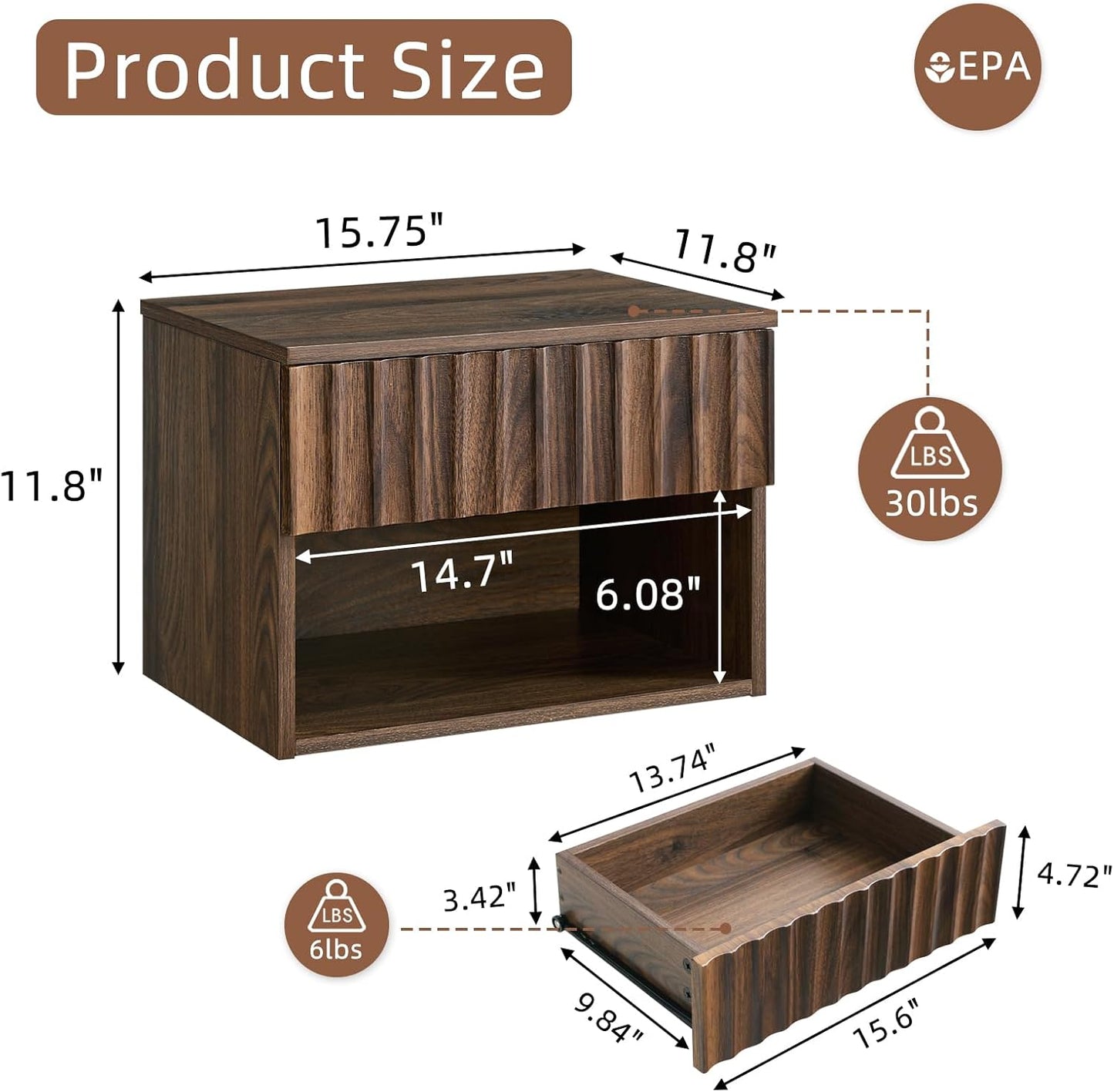 Floating Nightstand with Fluted Drawer - Modern Wall Mounted Bedside Table with Open Storage Shelf, Small Night Stand for Bedroom(Walnut)