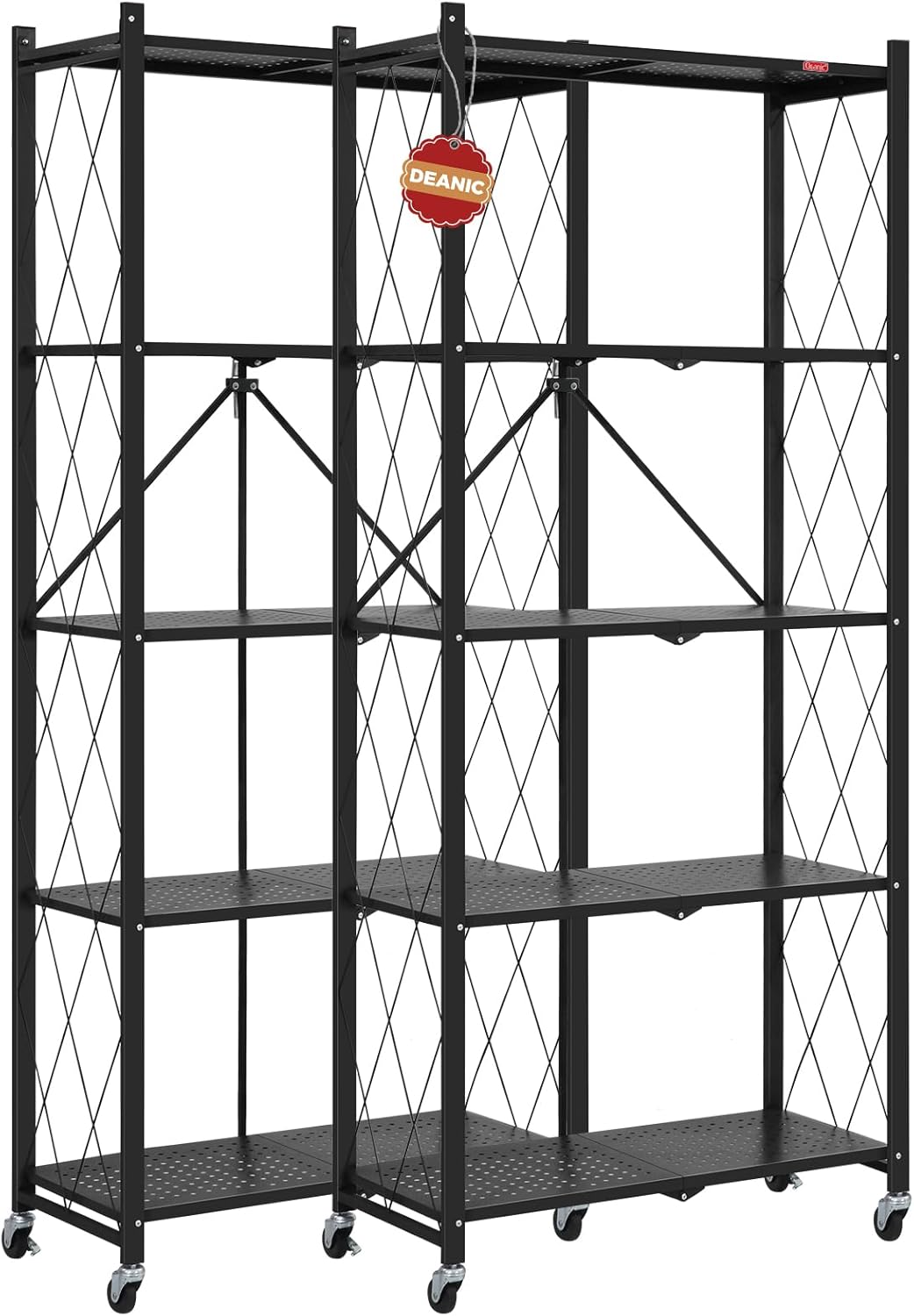 DEANIC 5 Tier Foldable Storage Shelves with Wheels, Large Capacity Shelving Unit, Freestanding Metal Wire Shelf Rack, No Assembly Organizer Rack for Garage Kitchen, Basement, Pantry(Black Pack of 2)
