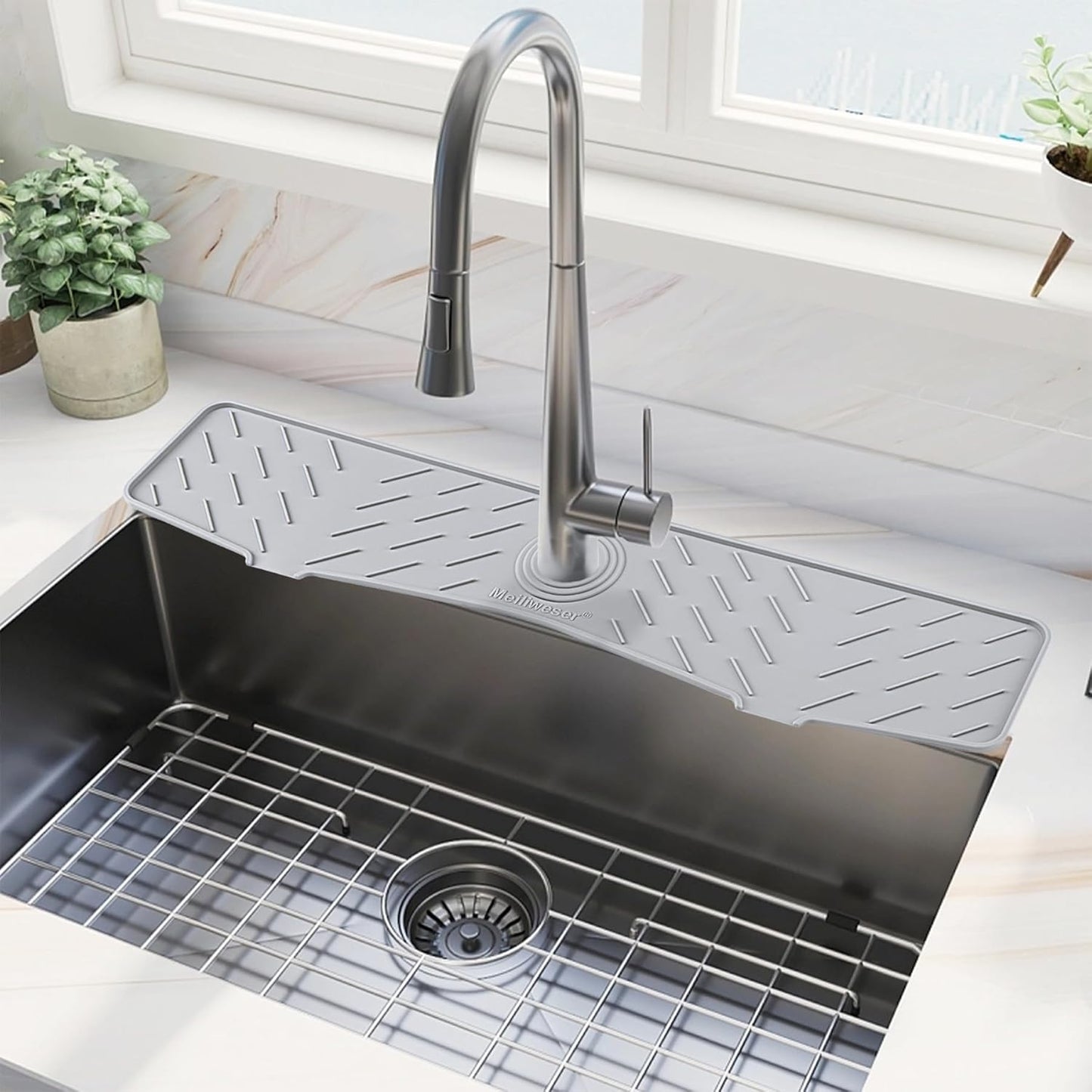 Meiliweser Faucet Mat for Kitchen Sink – 24” x 5.1” Extra-Long Silicone Splash Guard with 10° Slope & Upgraded Drainage – Gen 3 Sink Water Catcher & Sponge Holder for Kitchen, Bathroom (Gray)