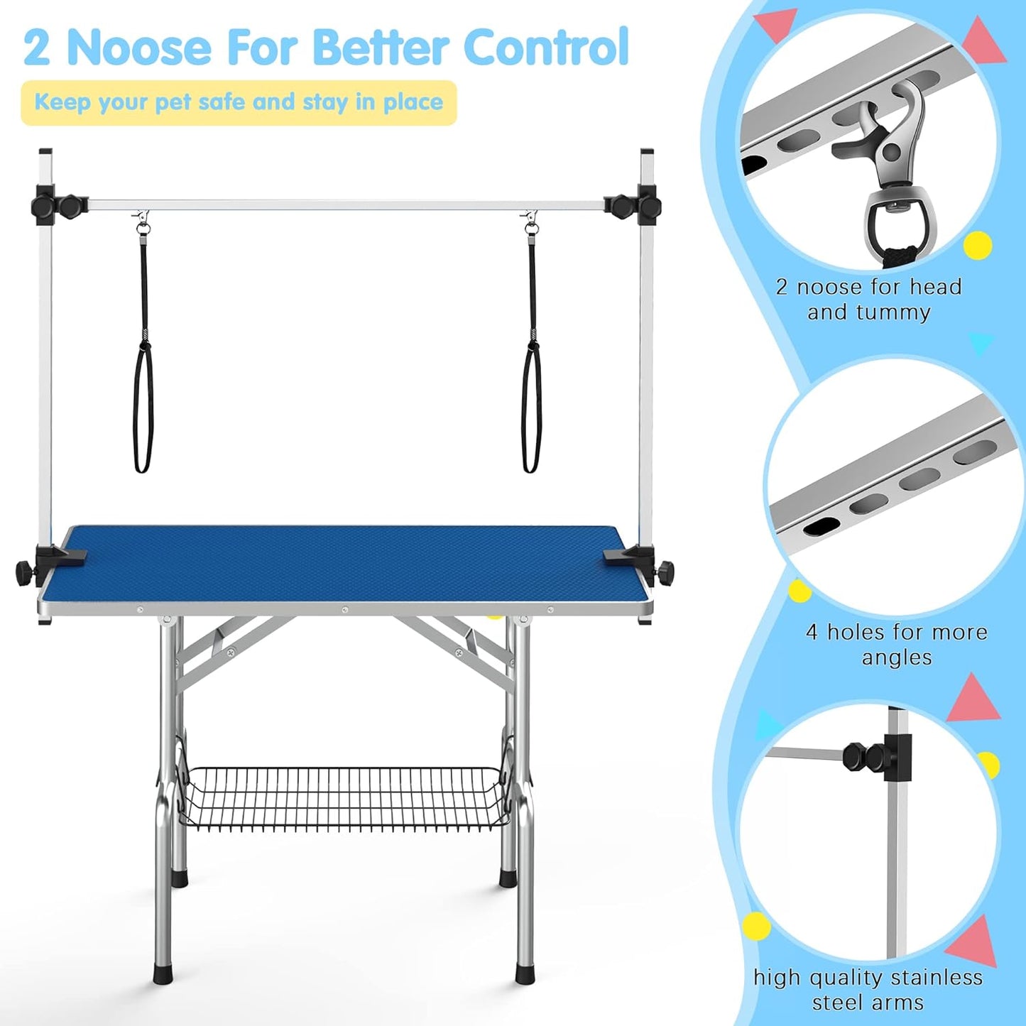 Lyromix 36''Large Dog Grooming Table, Adjustable Cat Drying Desktop with Arms, Nooses, Mesh Tray, Foldable Pet Station at Home, Maximum Capacity Up to 330Lb, 36inch, Blue
