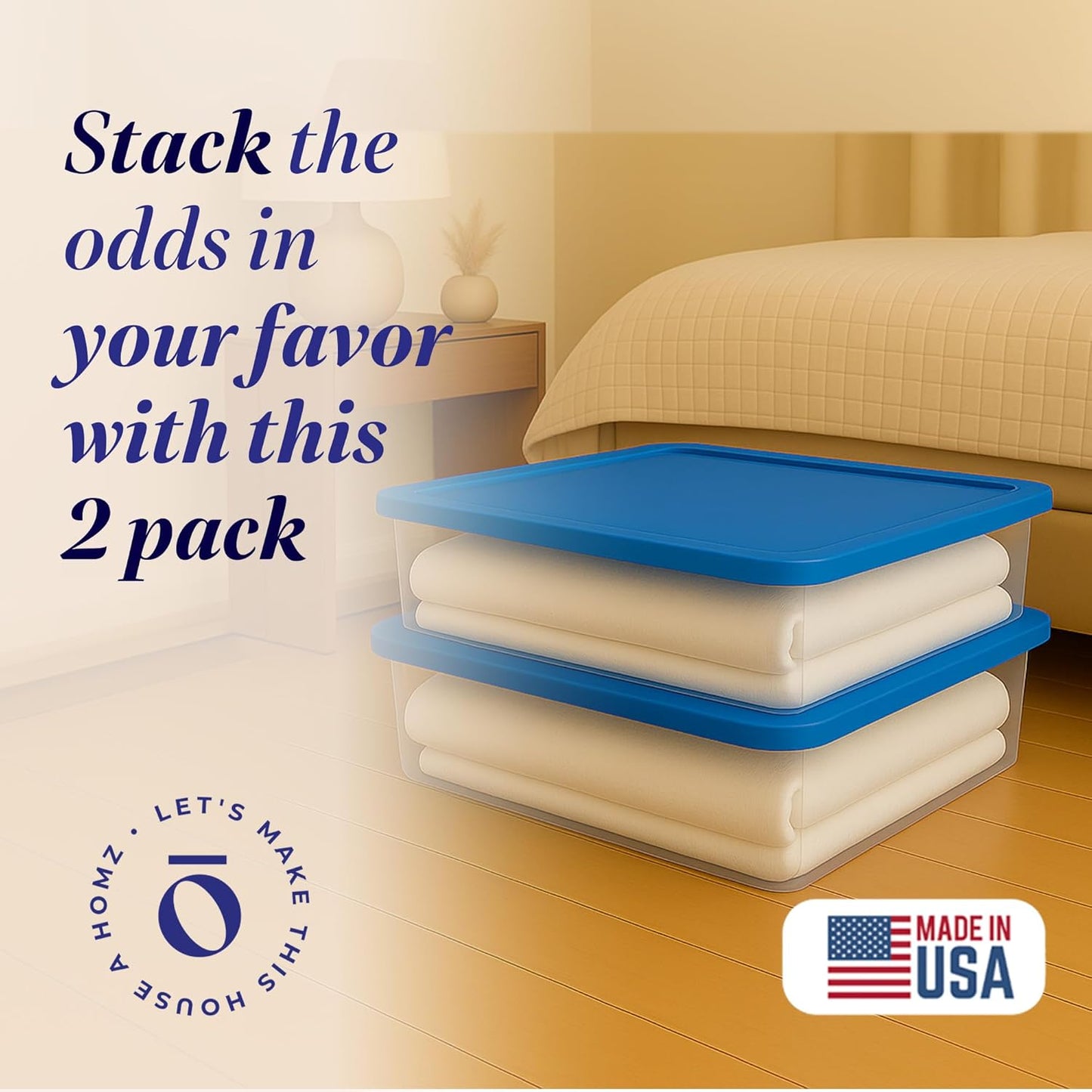 HOMZ 2-Pack Snaplock, Small Clear Plastic Storage Organizer Bins with Lids, 28 Quart, Blue - Stackable Container Boxes for Bedroom, Bathroom, Garage, and Office Organization
