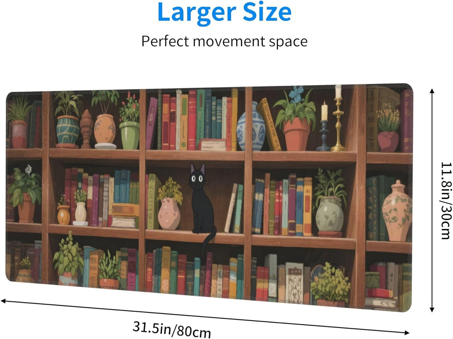 Bookshelf Cat Green Plants Large Mouse Pad, Anime Style Gaming Desk Mat, XL Keyboard Desk Pad Mat for Desktop, 31.5"x11.8" Non-Slip Base Big Mousepad with Stitched Edges