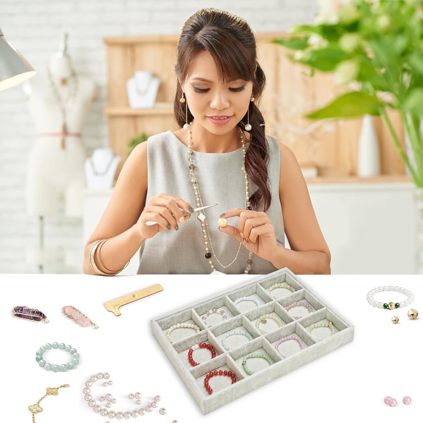2pcs/Set Velvet Jewelry Tray, 12 Grids Large Storage Tray for Bracelet Bangle Beads Display, Jewellery Organizer Box Tray for Home Drawer or Shop Store Selling Show (Grey Velvet)
