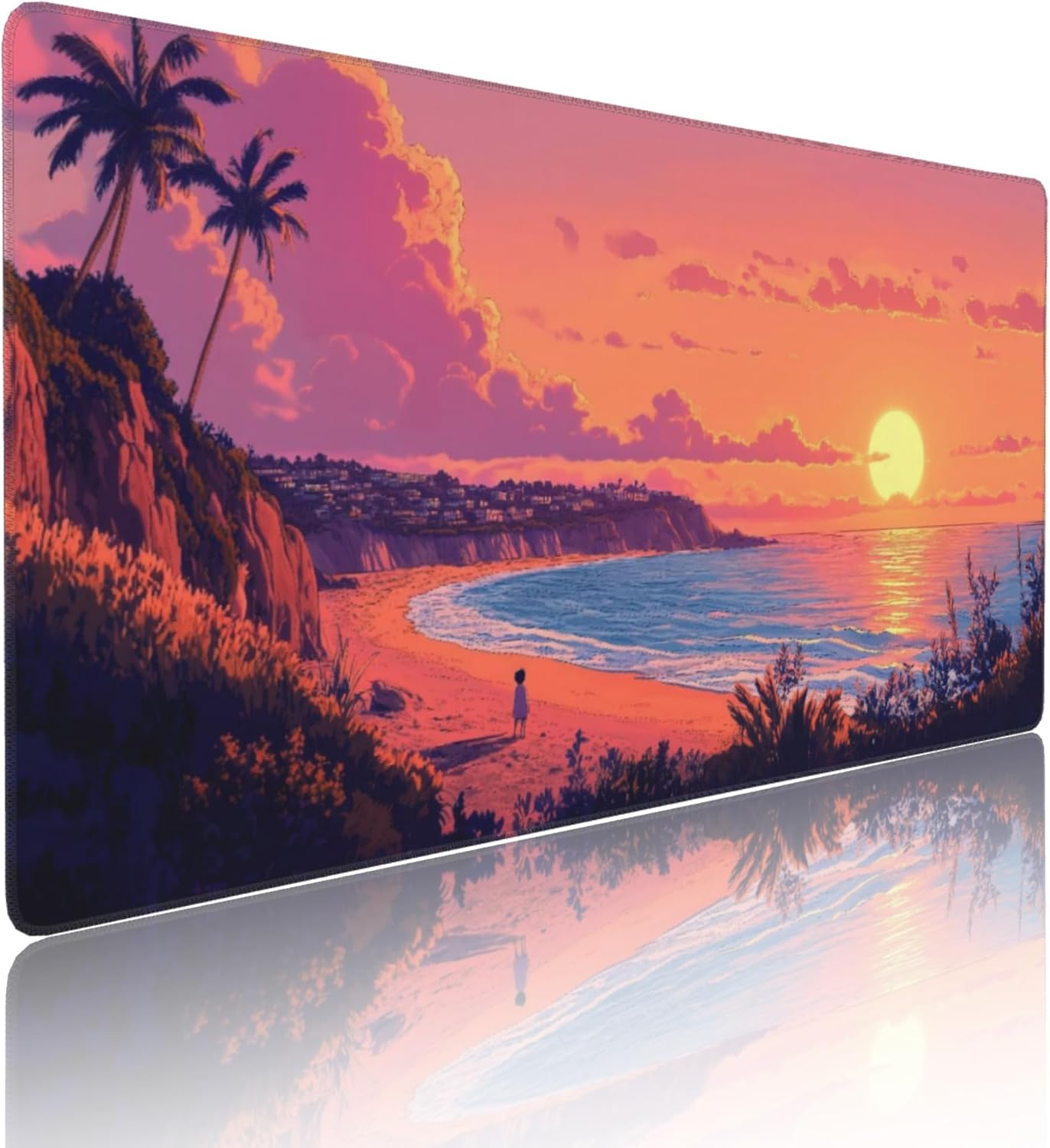 Sunset Beach Large Mouse Pad, Anime Style Gaming Desk Mat, XXL Keyboard Desk Pad Mat for Desktop, 35.4"x15.7" Non-Slip Base Big Mousepad with Stitched Edges