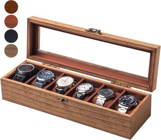 Watch Box for Men and Women - Large Glass Lid, Wooden Display Storage Case With 6 Slots, Retro Burlywood Organizer