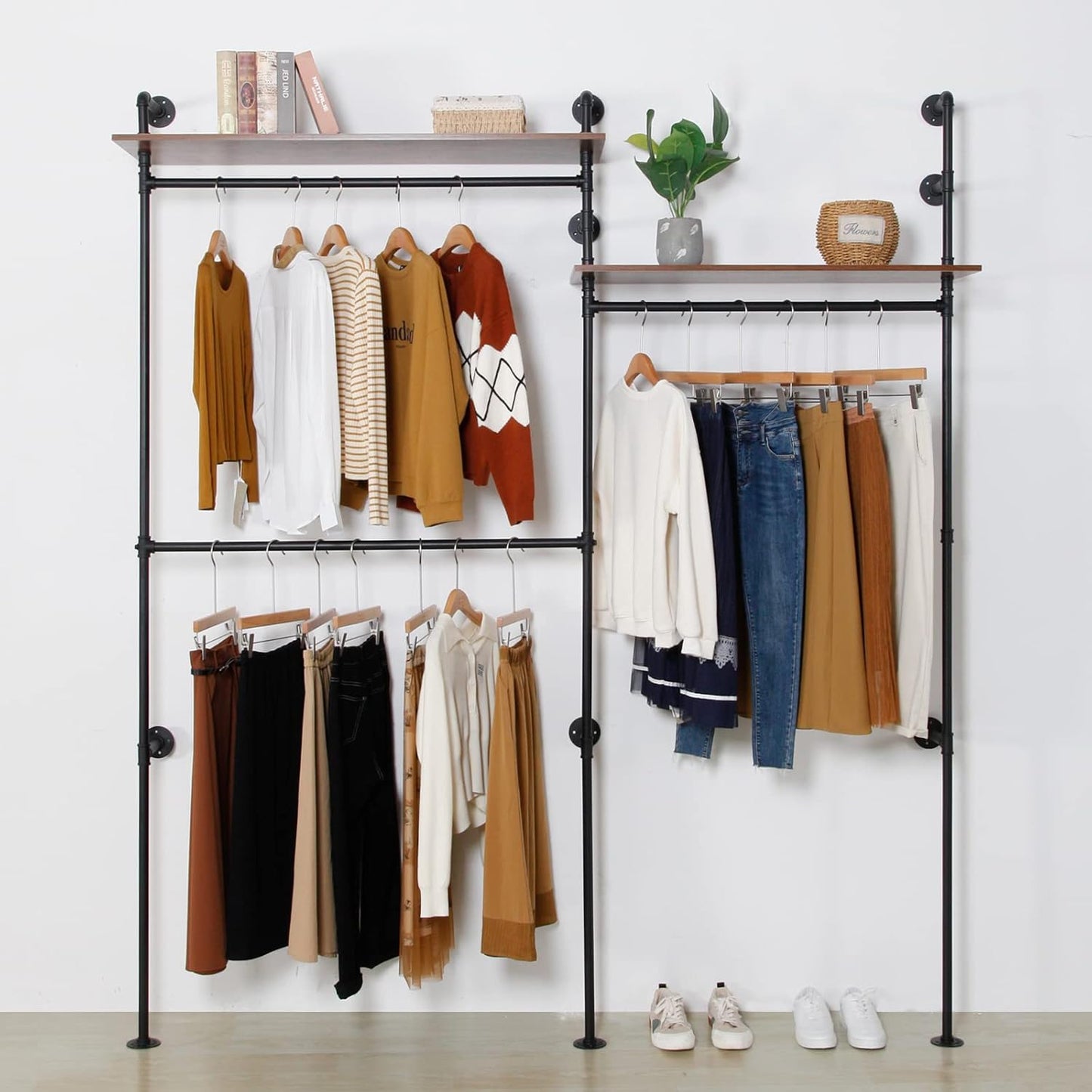 Industrial Pipe Clothing Rack with 2 Shelves, Clothes Rack Wall Mounted Heavy Duty Clothing Store Display Stands Garment Rack Closet System(Black, 96.5x80.7inch)