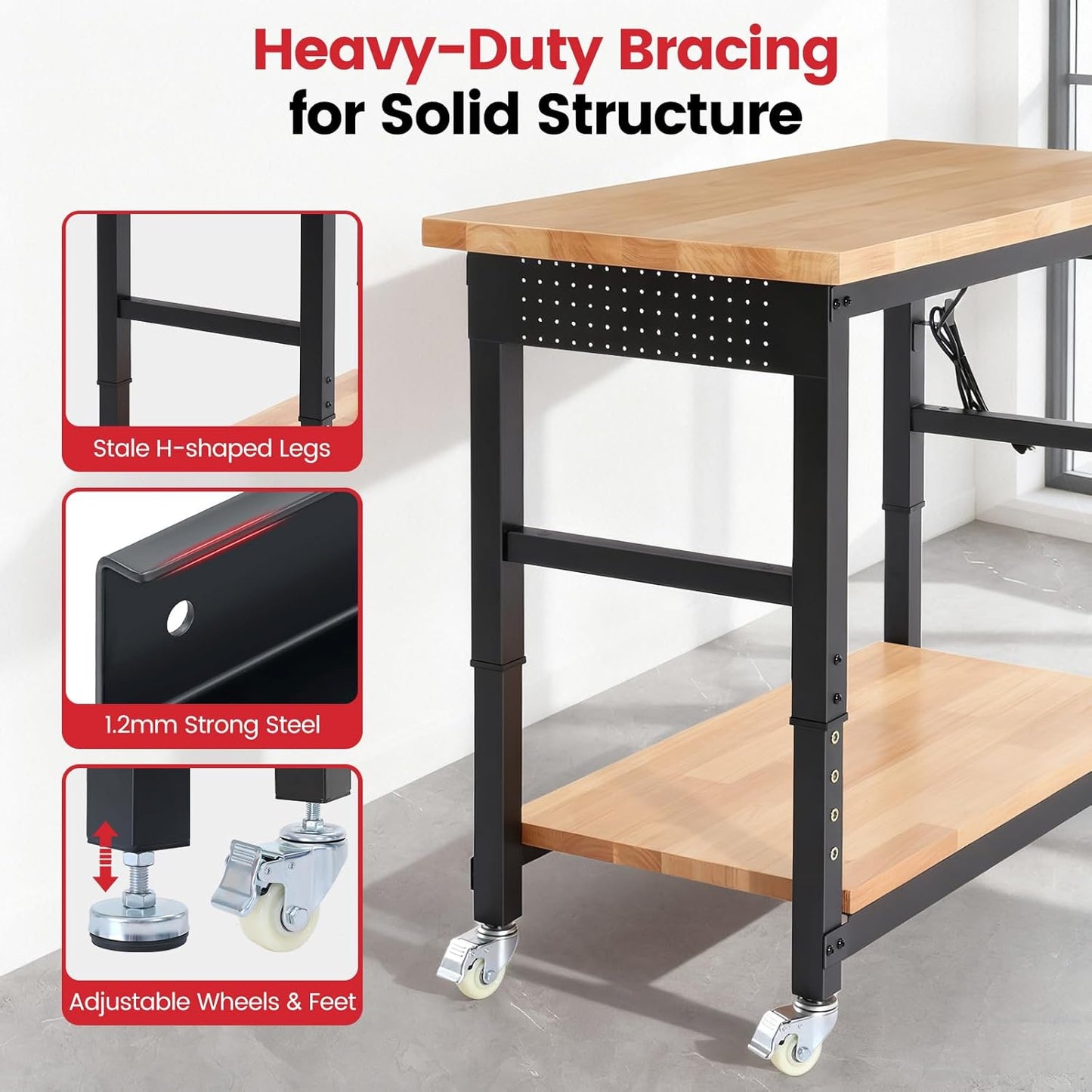 Workbench with Wheels 48 Inch Adjustable Height Work Table with Under Table Shelf, Pegboard, Power Outlets Work Bench for Garage, Home, Office, Workshop