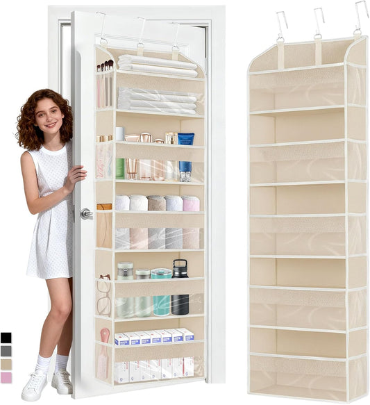 5 Layers Over The Door Organizer with Clear Window, 10 Mesh Side Pockets and 3 Hooks, 1 Pack Large Pockets Heavy Duty Hanging Storage for Bedroom/Bathroom/Pantry/Nursery, Kids Toys, Shoes(Beige)