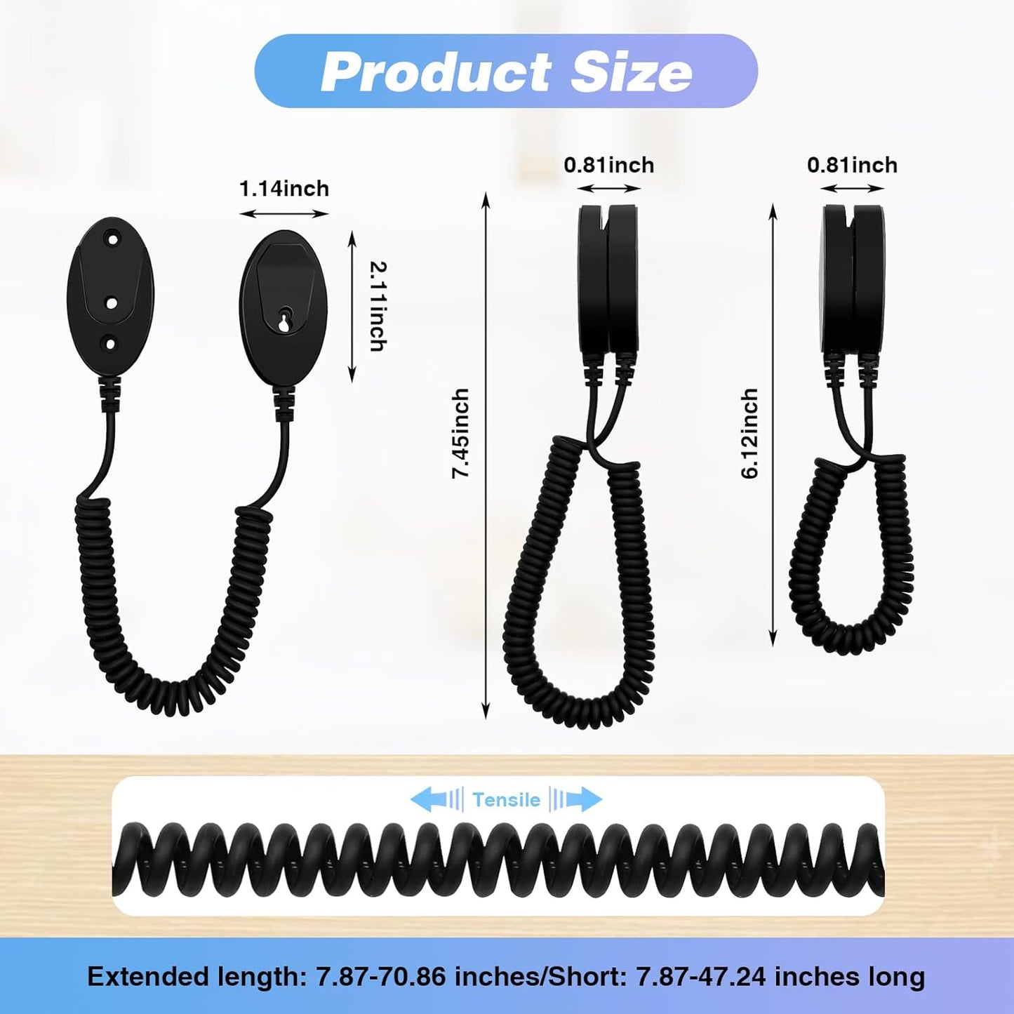 Magnetic Remote Control Holder with Retractable Cord, Anti-Loss Wall Mount Adhesive for TV, Couch, Bedside Table, Strong Spring Rope Organizer for Small Items, 2-Pack Black