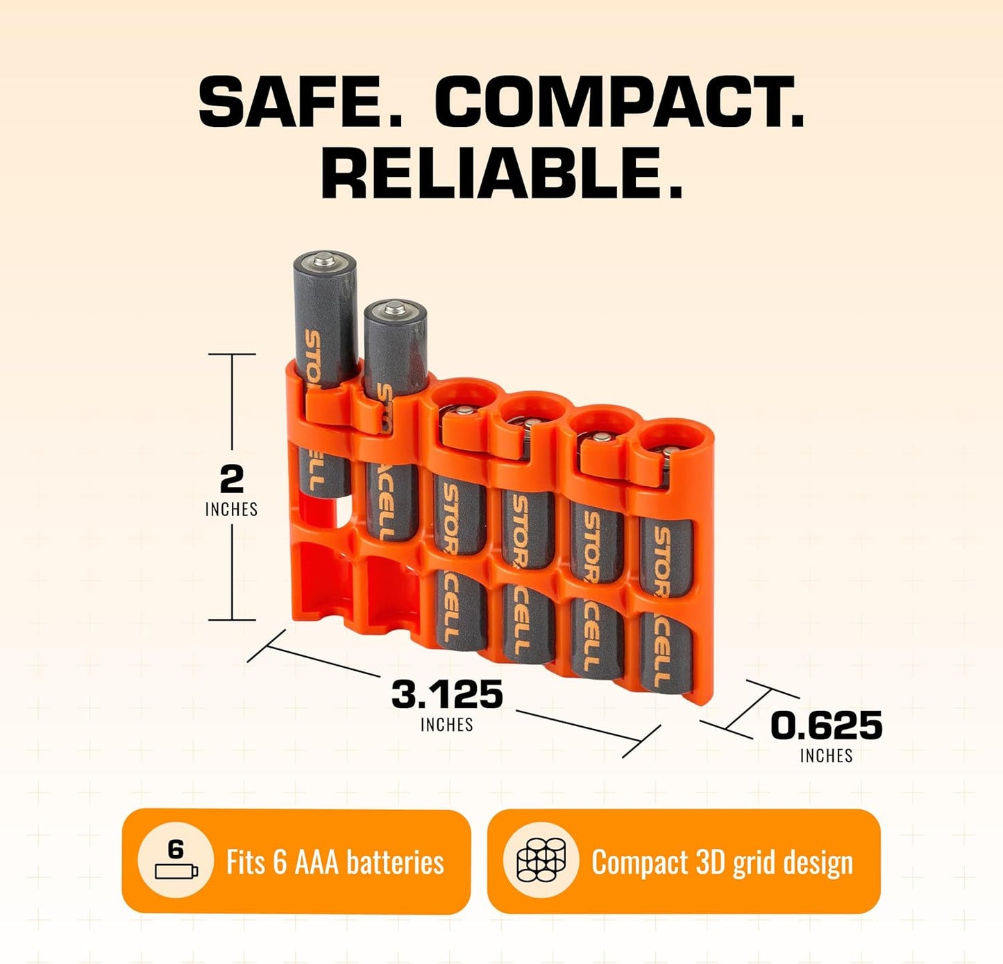 Storacell Slimline AAA-6 Battery Storage Caddy and Dispenser (Pack of 2), Orange, Holds 6 AAA Batteries (Not Included), Durable & Compact Design, The Original Battery Caddy, Made in The USA