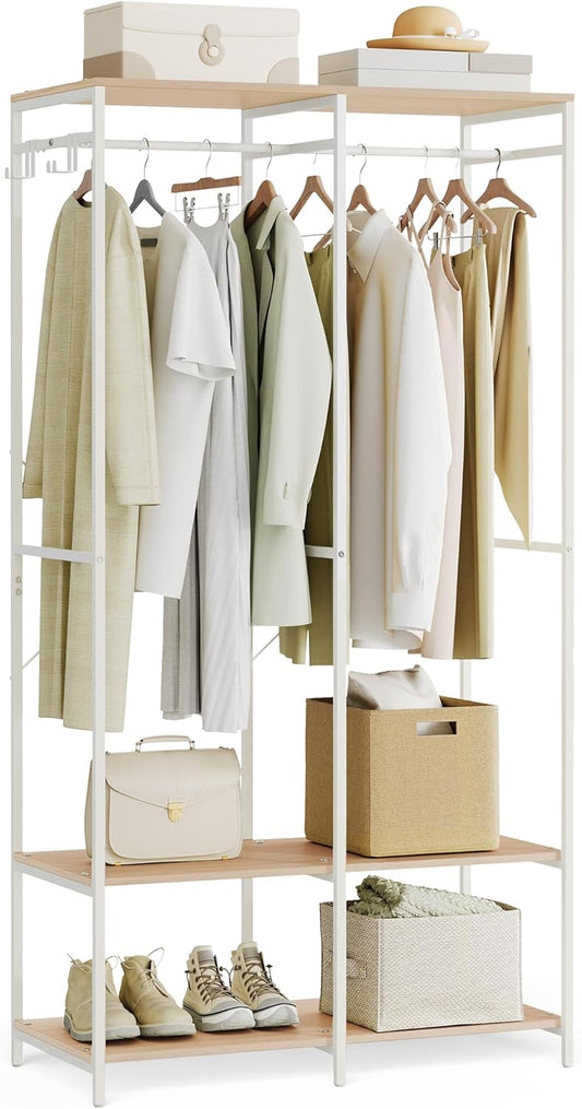 SONGMICS Clothes Rack, Iron and Wood Wardrobe Closet Organizer, Heavy Duty Garment Rack with Hanging Rods, Closet Shelves, Removable Hooks, 15.7 x 37.2 x 70.9 Inches, Natural Beige URGR004W67