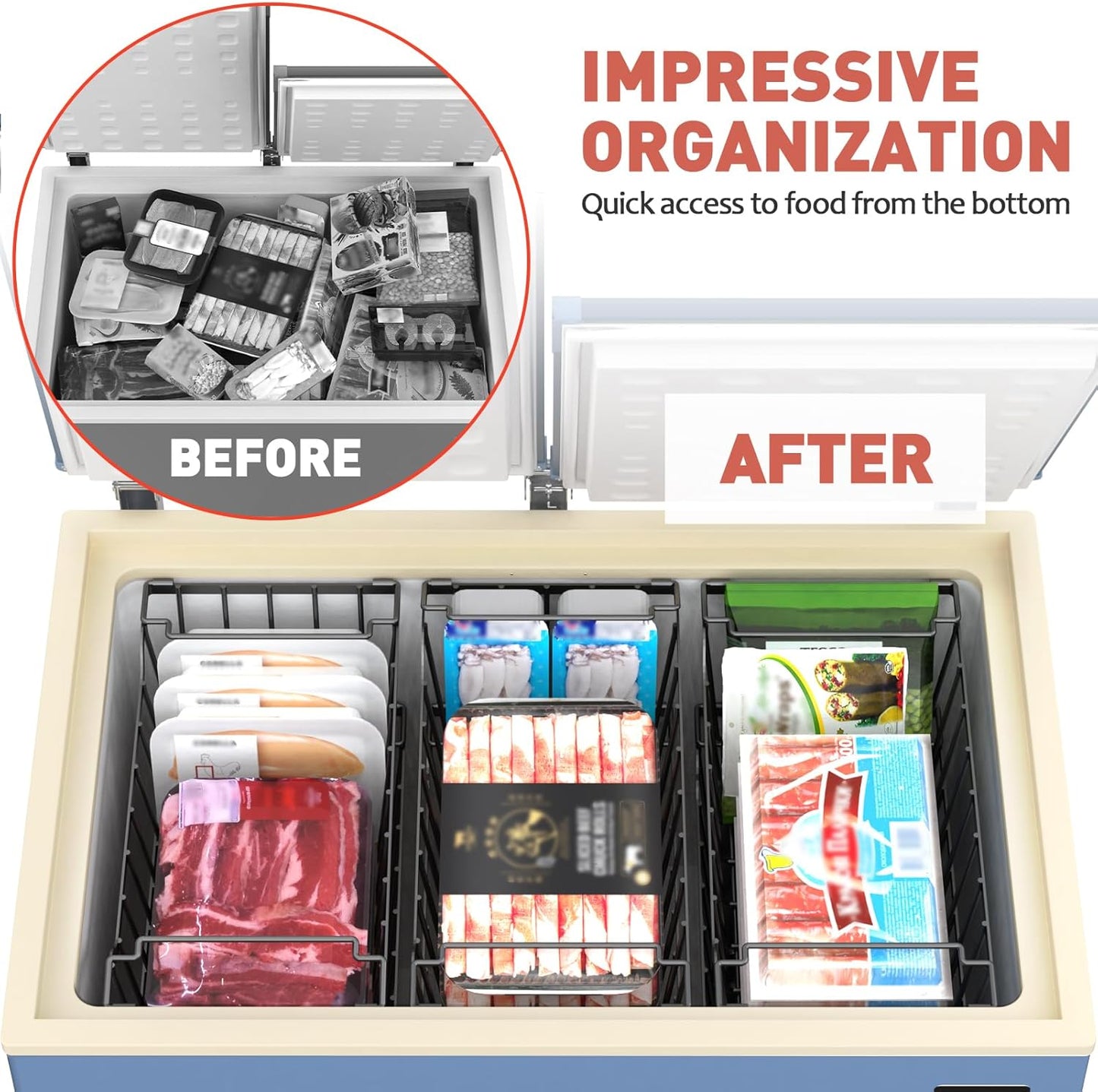 Goovilla Freezer Organizer Bins with Foldable Handle, 8 Pack Stackable Freezer Baskets for 3.5-7 Cu.FT Deep Chest Freezer Organization, Coated Metal Freezer Storage Bins with Better Space Utilization