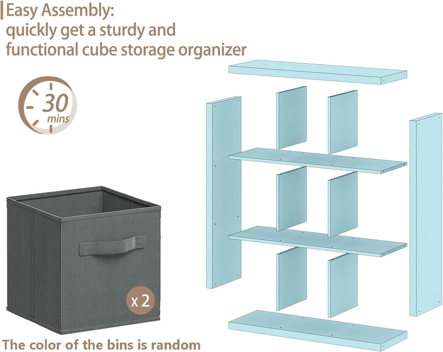 Bookshelf with Storage Bins, 9-Cube Storage Organizer Sturdy Wooden Bookcase Open Book Shelf, Multifunctional Cubicle Rack for Storages & Display, Furniture for Living Room Bedroom Office, White