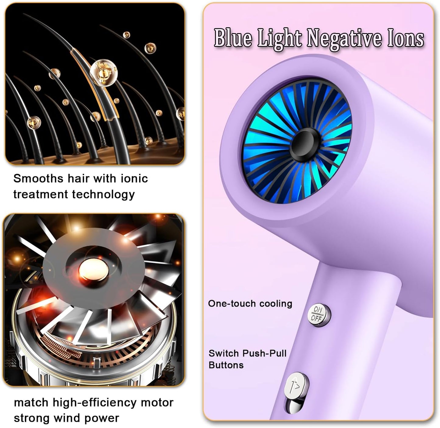110V Hotel Wall Mounted Hair Dryer for Bathroom（with Night Light） Professional Styling HairDryer for Salon【Blue Light Negative Ions】 Fast Drying Restroom Blow Dryer，Matte Texture - Pearly White