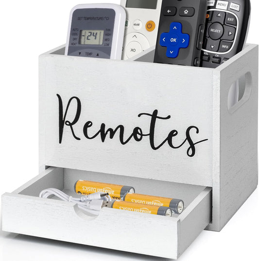 Remote Control Holder, 2 Slot Wooden TV Remote Holder for Table, Remote Box Desk Organizer with Drawers for Home Nightstand Office Supplies (White)