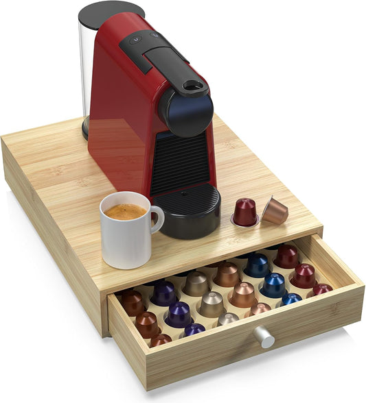 for Nespresso Original Capsules - Bamboo Coffee Pod Drawer Holder - 48 OriginalLine Pods Organizer (14.5"D x 11.7"W x 3.2”H)