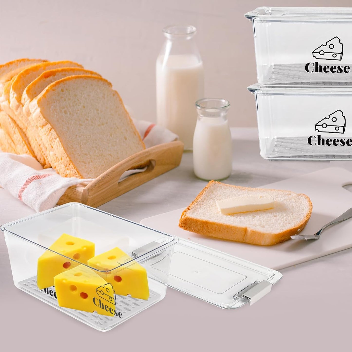 Cheese Holder Food Storage, Airtight Cheese Storage Box with Lid- Non Toxic, Lunch Meat Storage Sandwich Ham Cheeses Salami Sliced Turkey for Refrigerator to Keep Food Fresh,Clear-3Pack