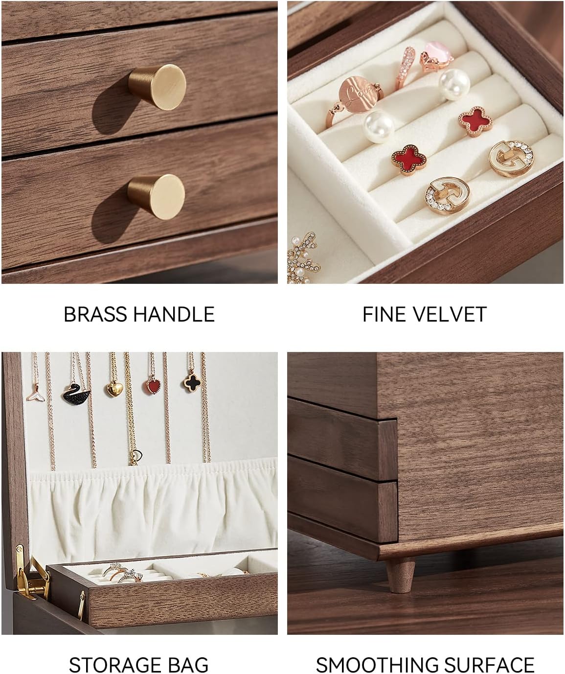 Wooden Jewelry Box, 3 Layer Large Jewelry Organizer for Women, Jewelry Storage, for Necklaces Rings Earring Watches Bracelets, Black Walnut Wood, Christmas Gifts
