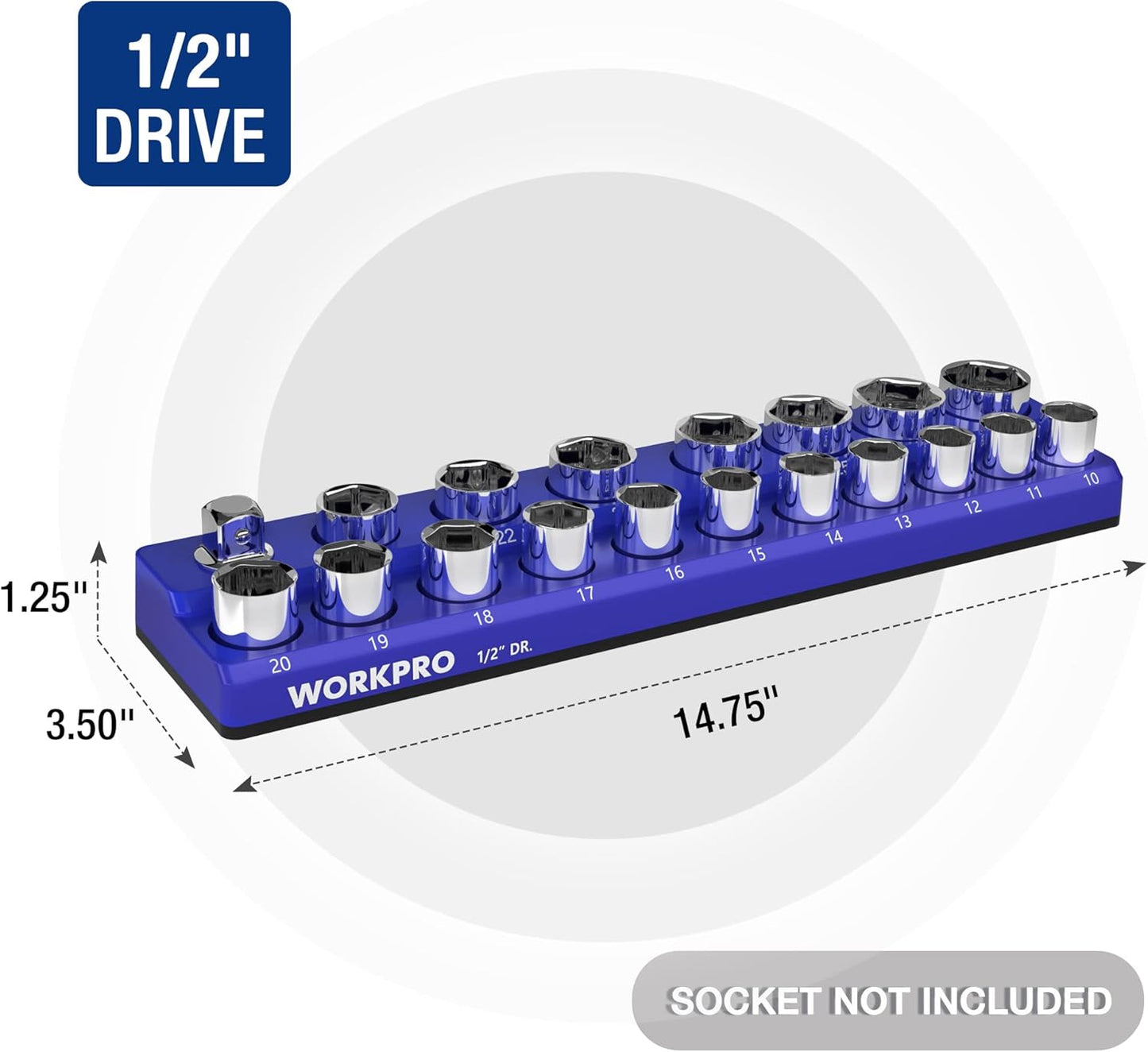 WORKPRO Magnetic Socket Organizer, 1/2-Inch Metric Socket Holder, Socket Trays Holds 19 Pieces Standard Size and Deep Size Sockets(Sockets not Included)