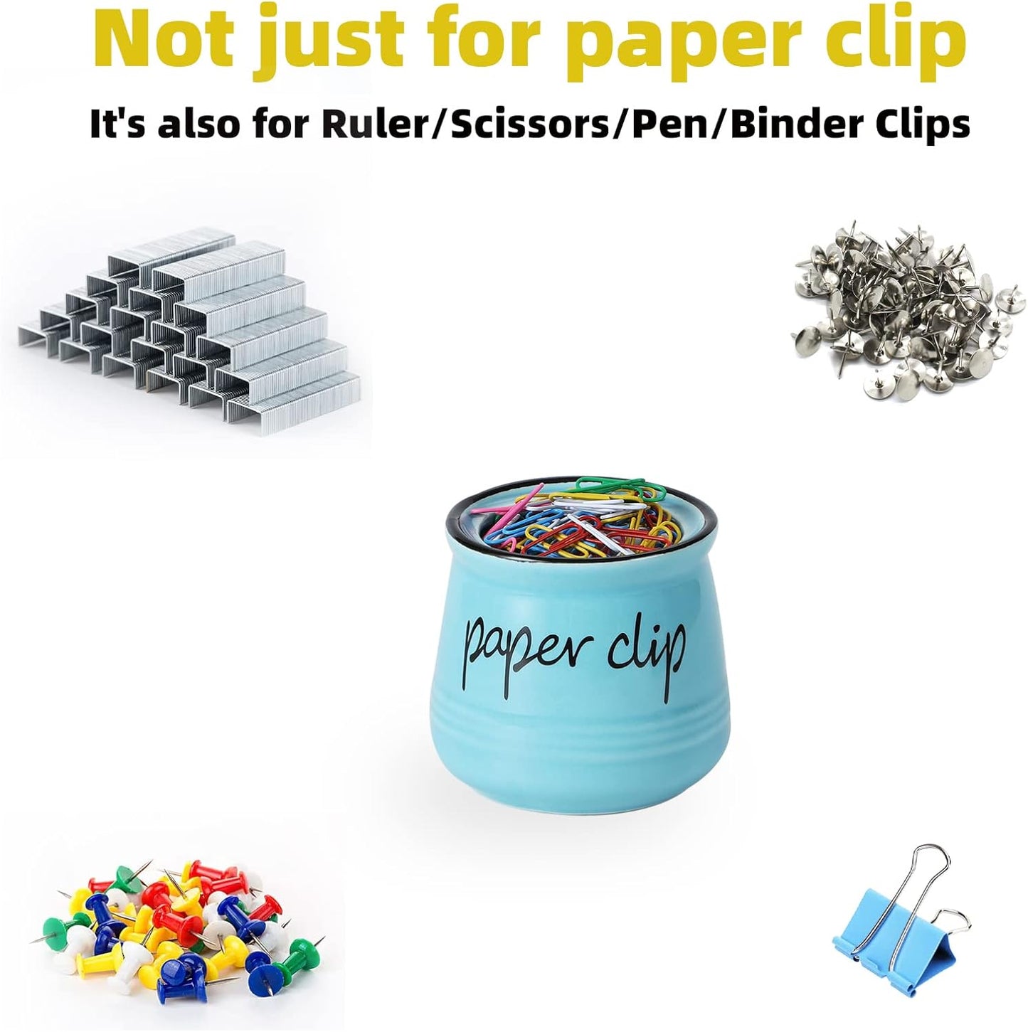 ONTUBE Farmhouse Paper Clip Holders,Ceramic Binder Clip Dispenser Organizer for Desk ,Cute Office Push Pins Holder,12 oz (Turquoise)