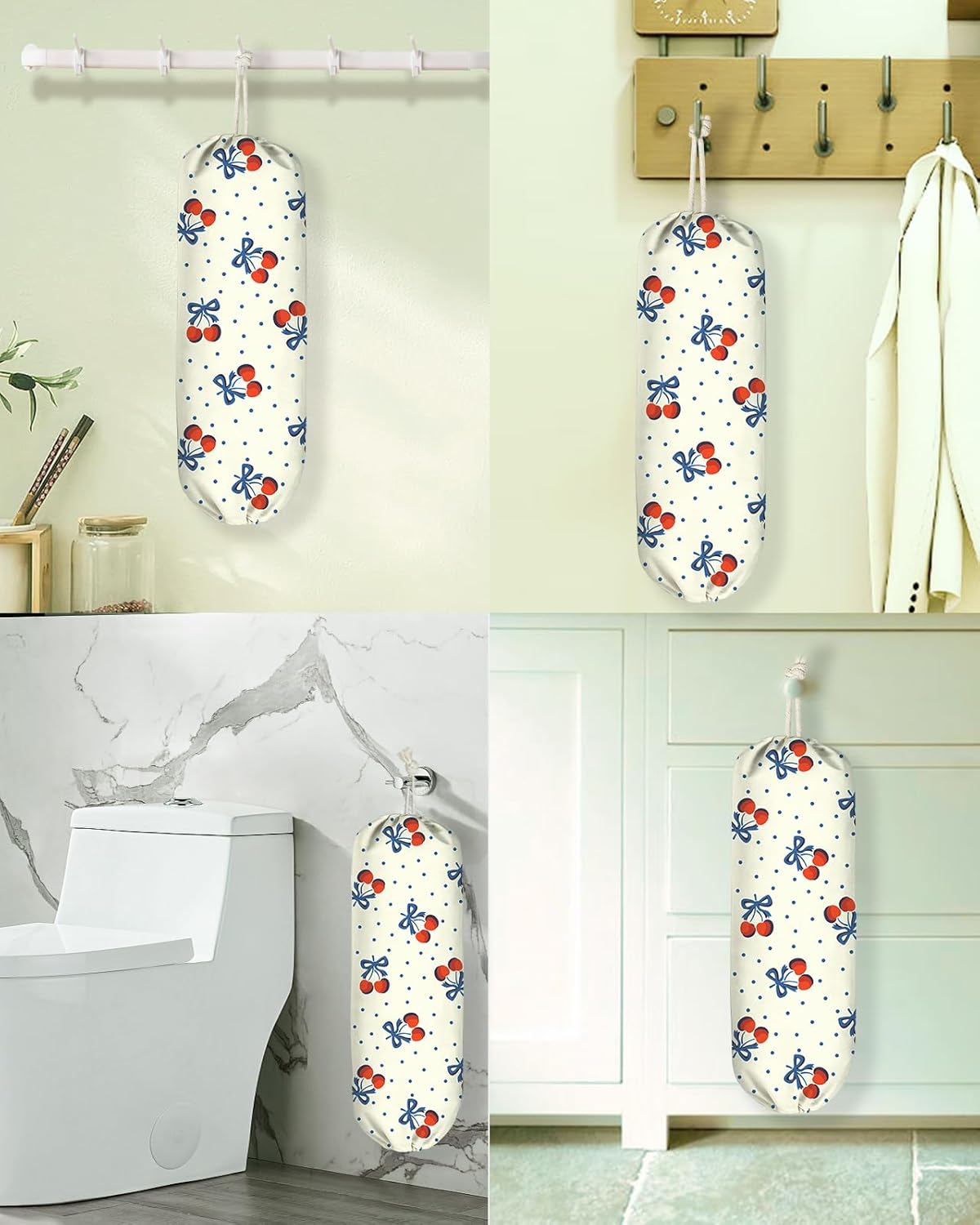 Plastic Bag Holder, Grocery Bag Organizer - 1 Pack Cute Kitchen Dispenser Holders Reusable Shopping Western Hanging Wall with Adjustment Drawstring Closure for Women Home, Cherry